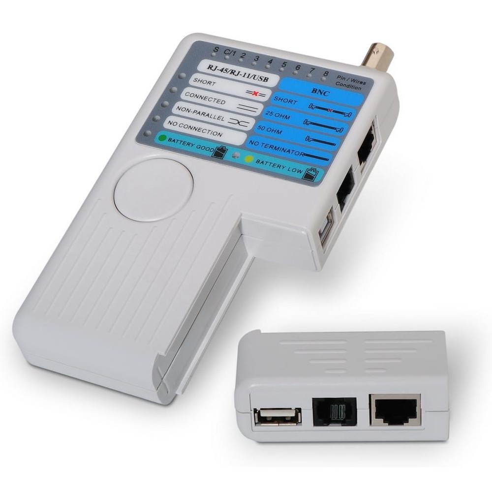 AISENS - Comprobador de cables UTP/STP A142-0313 con conectores RJ-45, RJ-11, BNC y USB, indicadores LED, gris