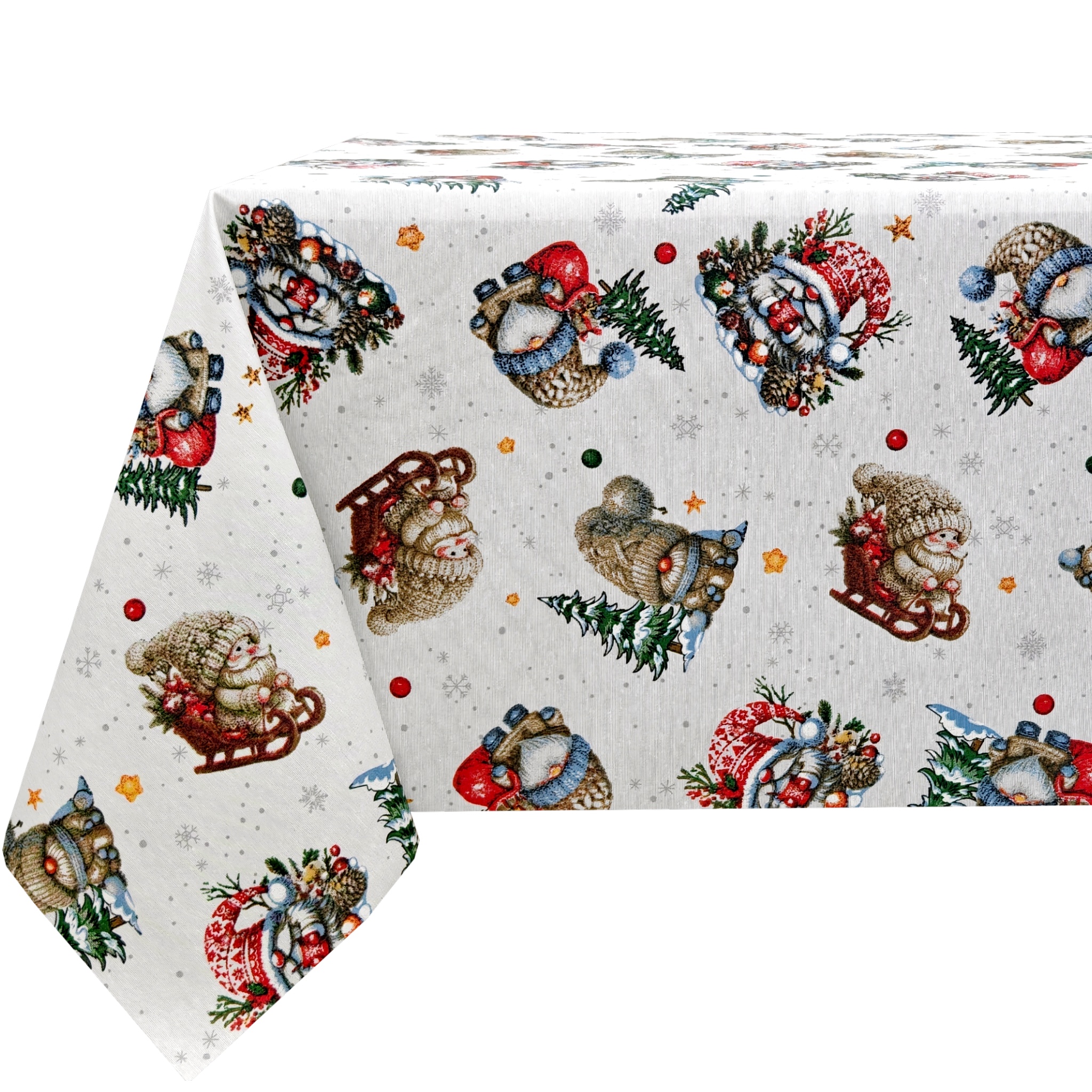 Mantel de Navidad de Tela Resinada Antimanchas e Impermeable, Diseño con Muñecos de Nieve, Trineos y Copos de Nieve, Fondo Blanco Efecto Lino, para Cocina, Comedor y Decoración Navideña