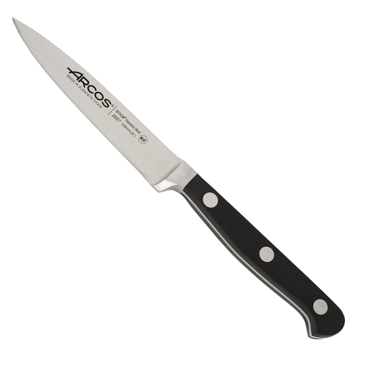 Arcos Cuchillo Mondador Profesional - Hoja Forjada Acero Inoxidable NITRUM 100 mm - Mango Resistente POM Negro - Serie Clásica para Cocina