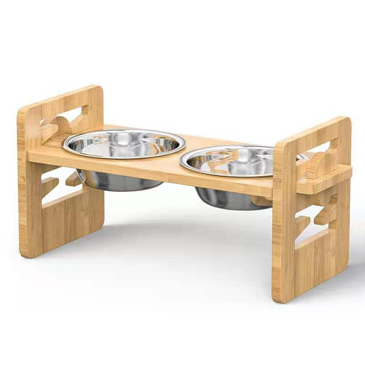 TK Vantic Cuenco elevado para perros con soporte, barra para perros de altura ajustable, comedero para perros pequeños y gatos, barra de alimentación duradera, estación de alimentación de bambú con 2 cuencos de acero inoxidable y pies antideslizantes