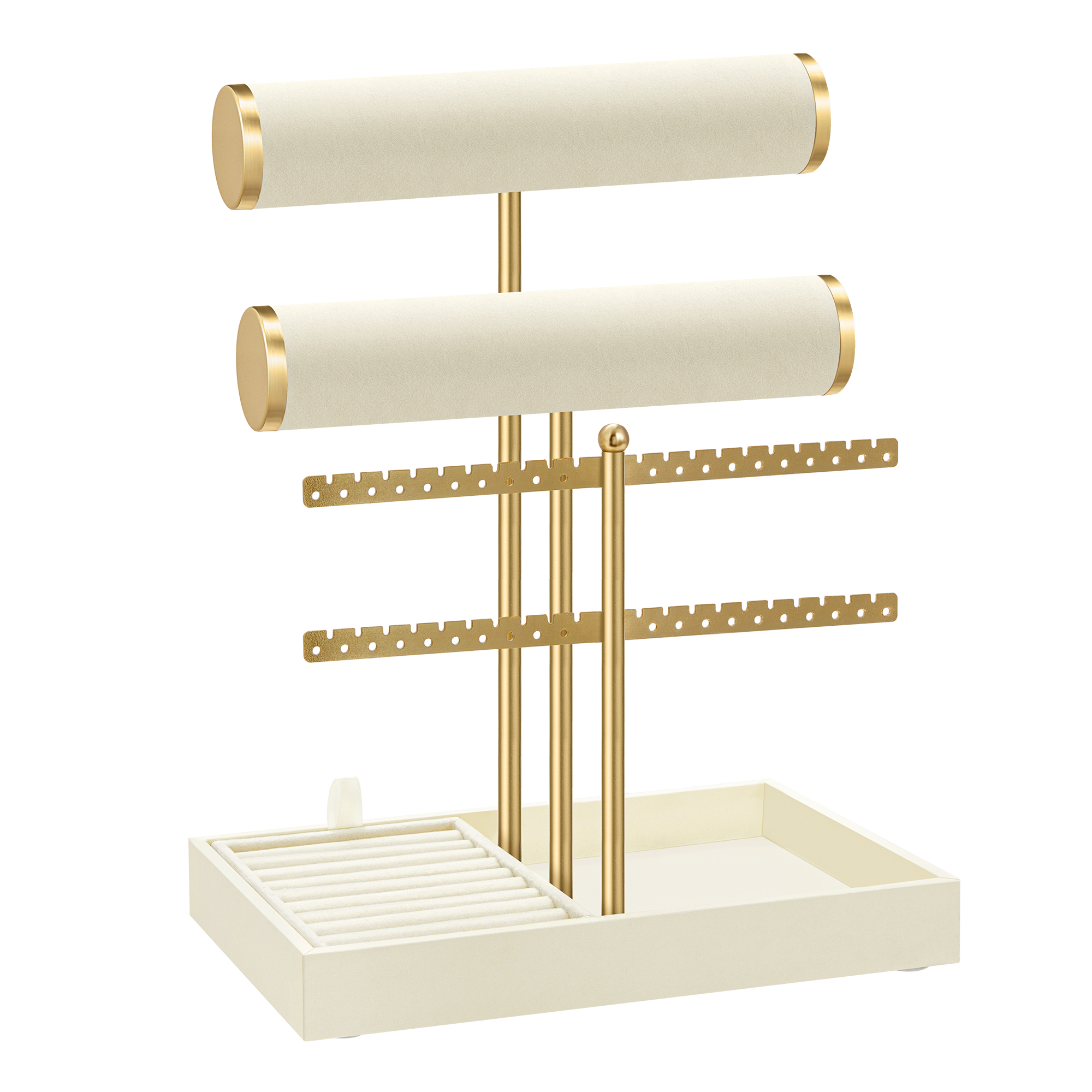 SONGMICS Soporte para Pulseras, Expositor de Joyas, Organizador de 2 Niveles y Bandejas de Terciopelo, Soporte para Pendientes, Soporte para Anillos Desmontable, Blanco Crema y Oro Pálido