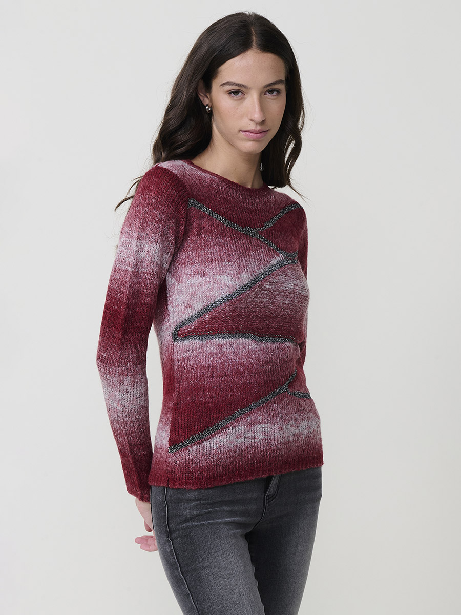 Koroshi - Jersey de mujer con hilo metalizado y lentejuelas, punto suave y placa metálica del logo, modelo 2522TR15 para look festivo o diario elegante