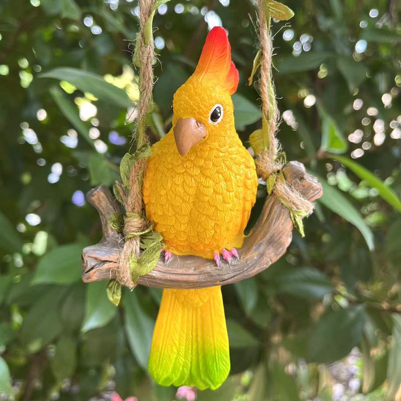 Colgante decorativo de loro en columpio - Figura de resina para jardín, balcón y exteriores