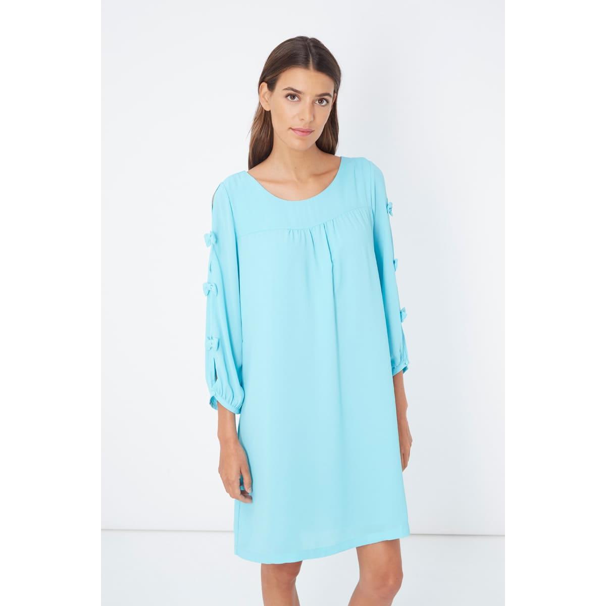 Vestido recto mujer dress outfit minimalista manga tres cuartos lazos laterales corte suelto color azul claro talla 38 ideal oficina eventos casual elegante cómodo fresco versátil ✅Entrega 24/48h