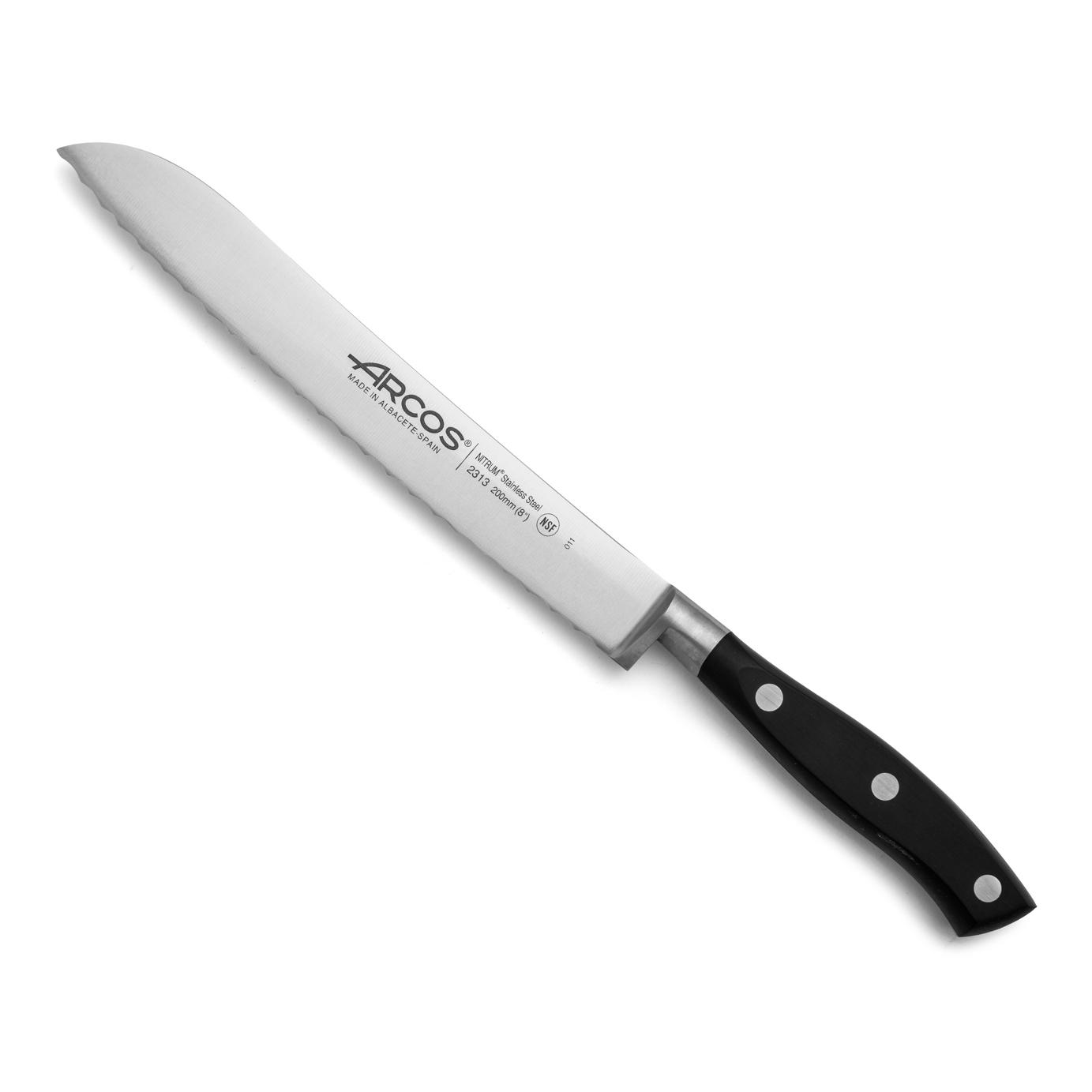 Arcos Cuchillo para pan con Hoja Acero Inoxidable Nitrum 200 mm. Obtenga una gran variedad cortes parau comida. Cuchillo ideal para uso doméstico diario. Serie Riviera. Color negro.