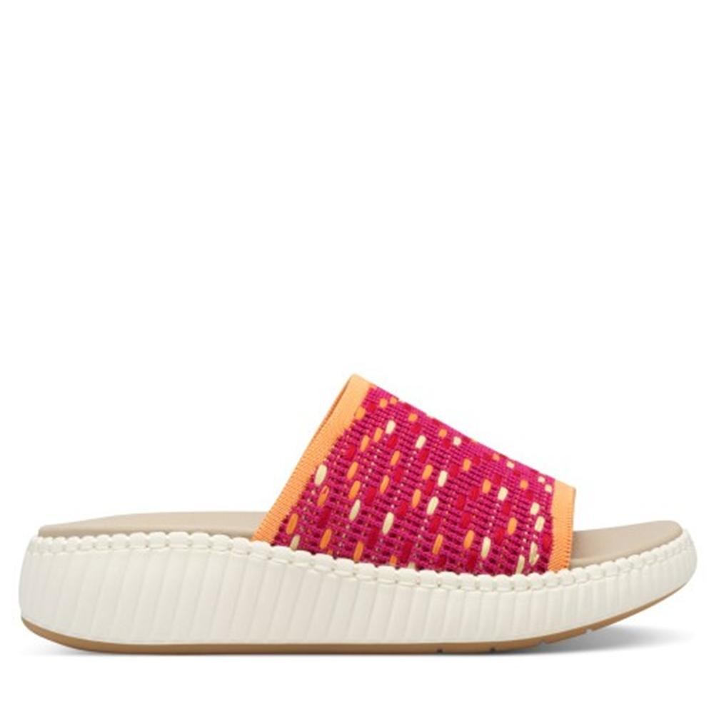Cómoda  Cómoda chancla mujer de JANA 27260 en suave tejido fucsia con detalles naranja, se adapta al pie. Planta anatómica acolchada. Cuña ligera y antideslizante. Altura Tacón bajo (3-5 cm) Referencia 27260-44-557