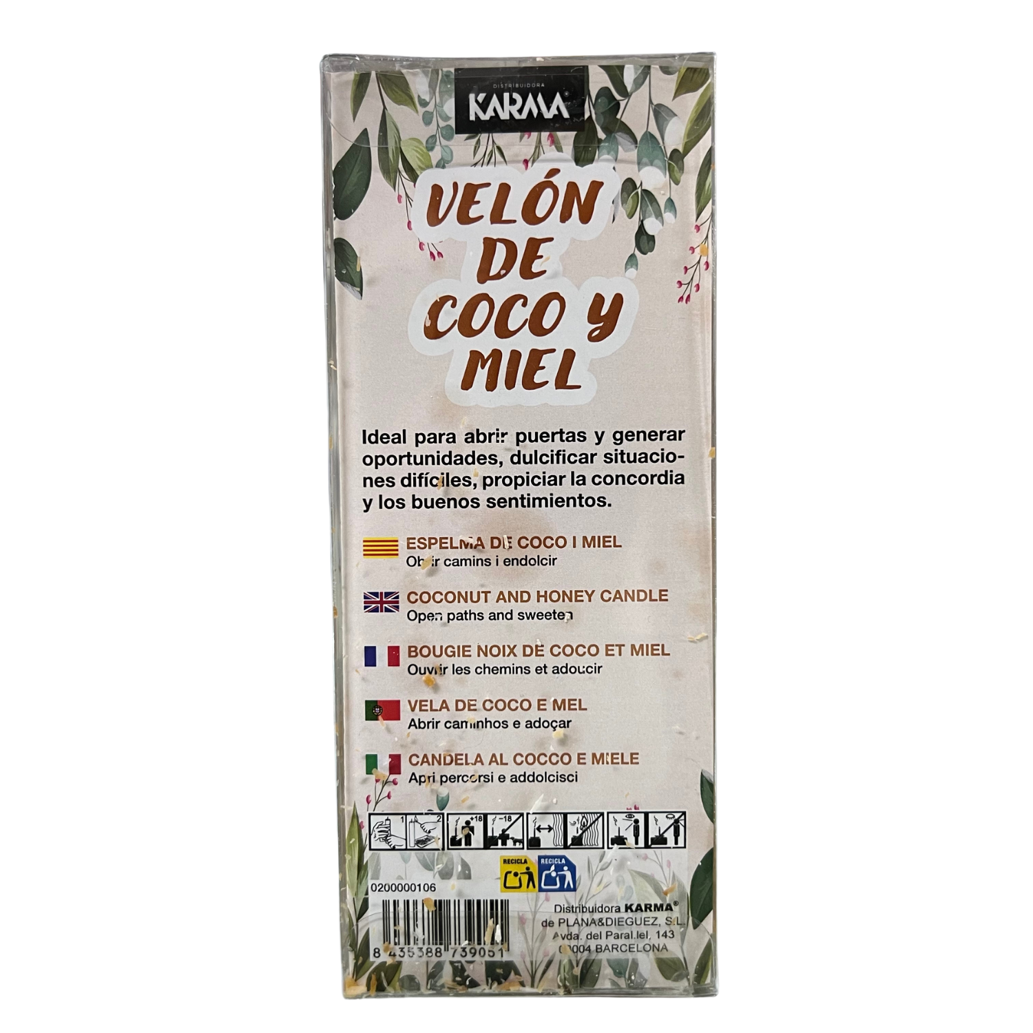 KARMA - Velón de Coco y Miel para Abrir Caminos y Oportunidades y Armonizar | Velón Especial Abrecaminos para Dulcificar Situaciones Difíciles, Proporcionar Concordia y Buenos Sentimientos | Vela Hecha en España con Miel y Coco Incrustado.