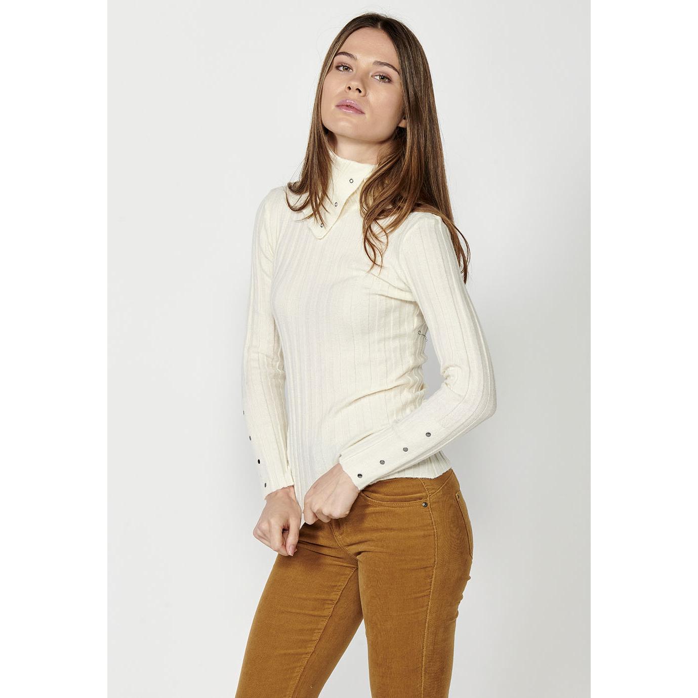 Koroshi - Jersey 2422TR62 de punto acanalado con cuello vuelto y botones decorativos para mujer