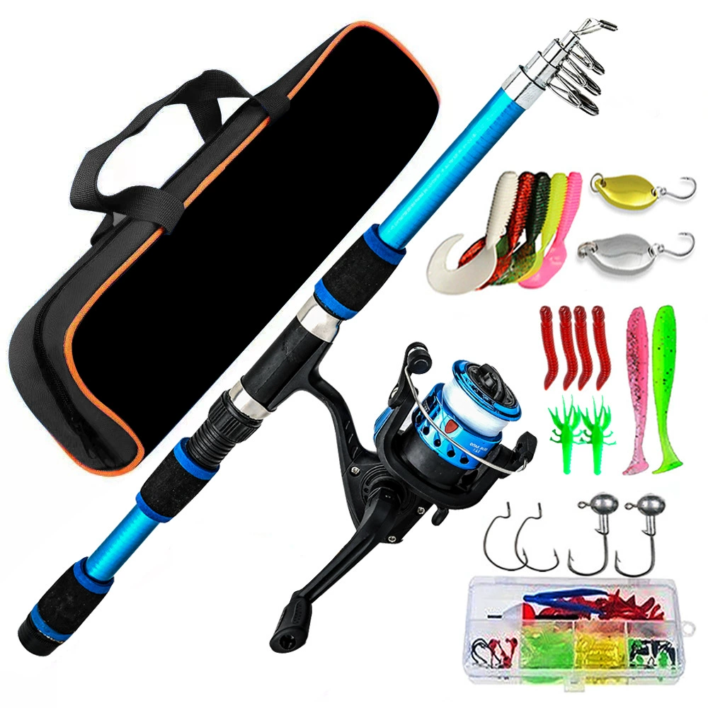 TK Juego de equipo de caña de Pescar para niños, caña de Pescar telescópica portátil de 5,9 pies y Carrete Combinado y Cuerda con Sedal, juego completo de accesorios de Pesca con Bolsa de Transporte para niños