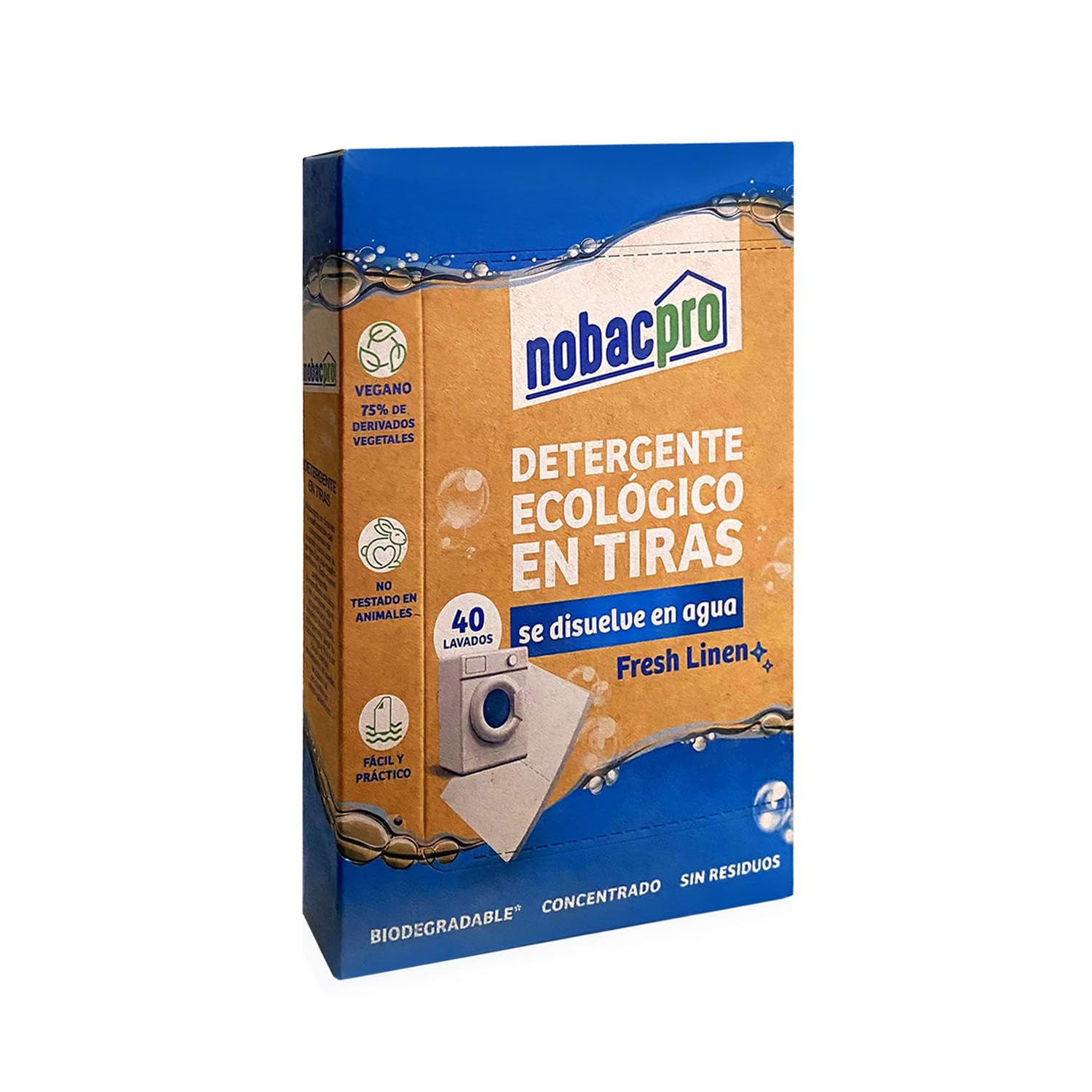 NobacPro - Detergente en Tiras para Lavadora | 40| 80 | 120 | 200 | 400 Lavados - 20 | 40 | 60| 100 | 200|  Tiras | Olor Fresh Linen | 100% Ecológico | Hipoalergénico y vegano | No contiene plásticos | Fabricado en España