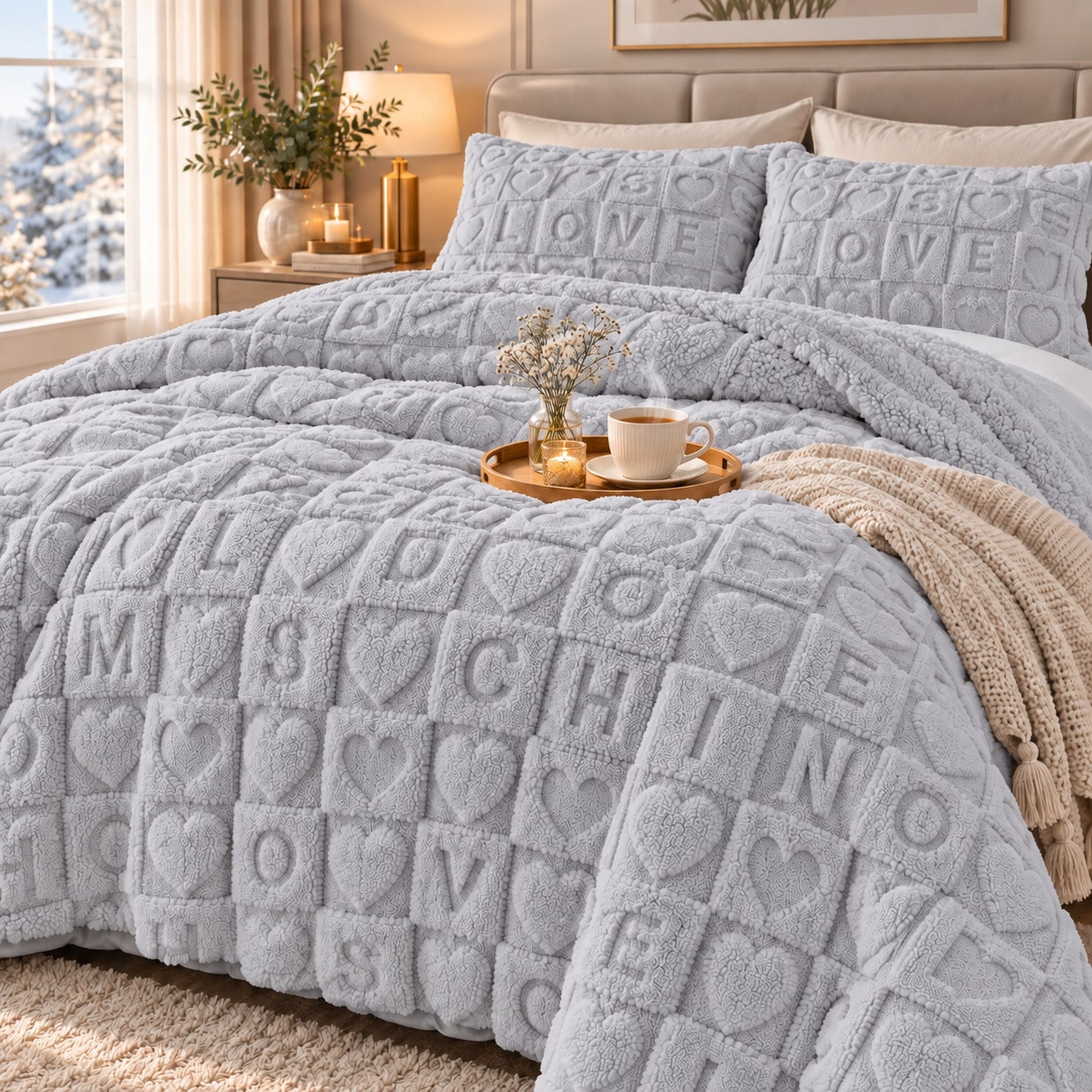 Edredón de Borreguillo Reversible para Invierno con Diseño de Letras y Corazones, Manta Cálida y Suave de 100% Poliéster con Funda de Almohada, Lavable a Máquina