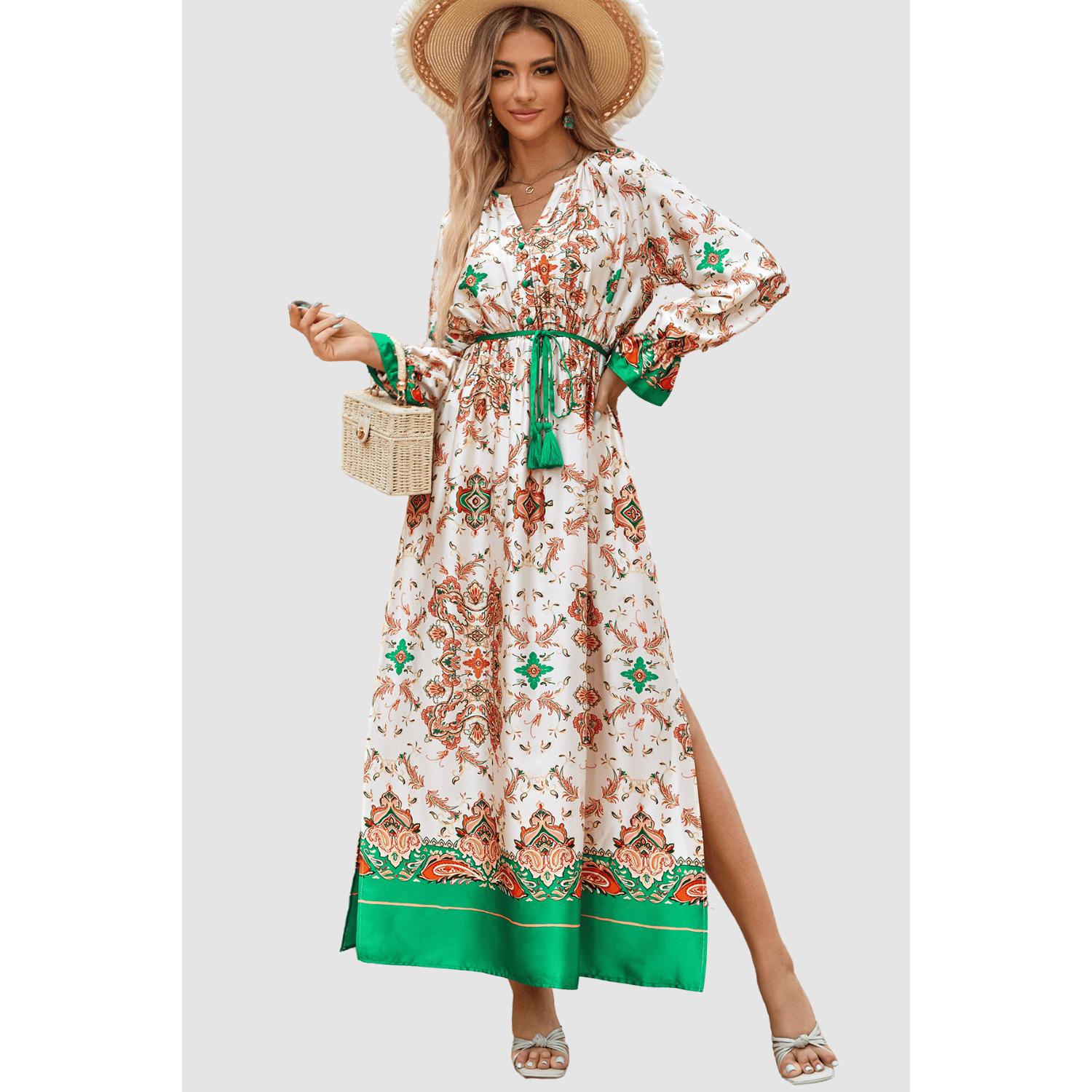 Vestido maxi mujer, dress boho chic, escote pico, manga larga elástica, estampado elegante, cinturón desmontable, corte fluido, abertura lateral, talla 38, cómodo, versátil, verde ✅Entrega 24/48h