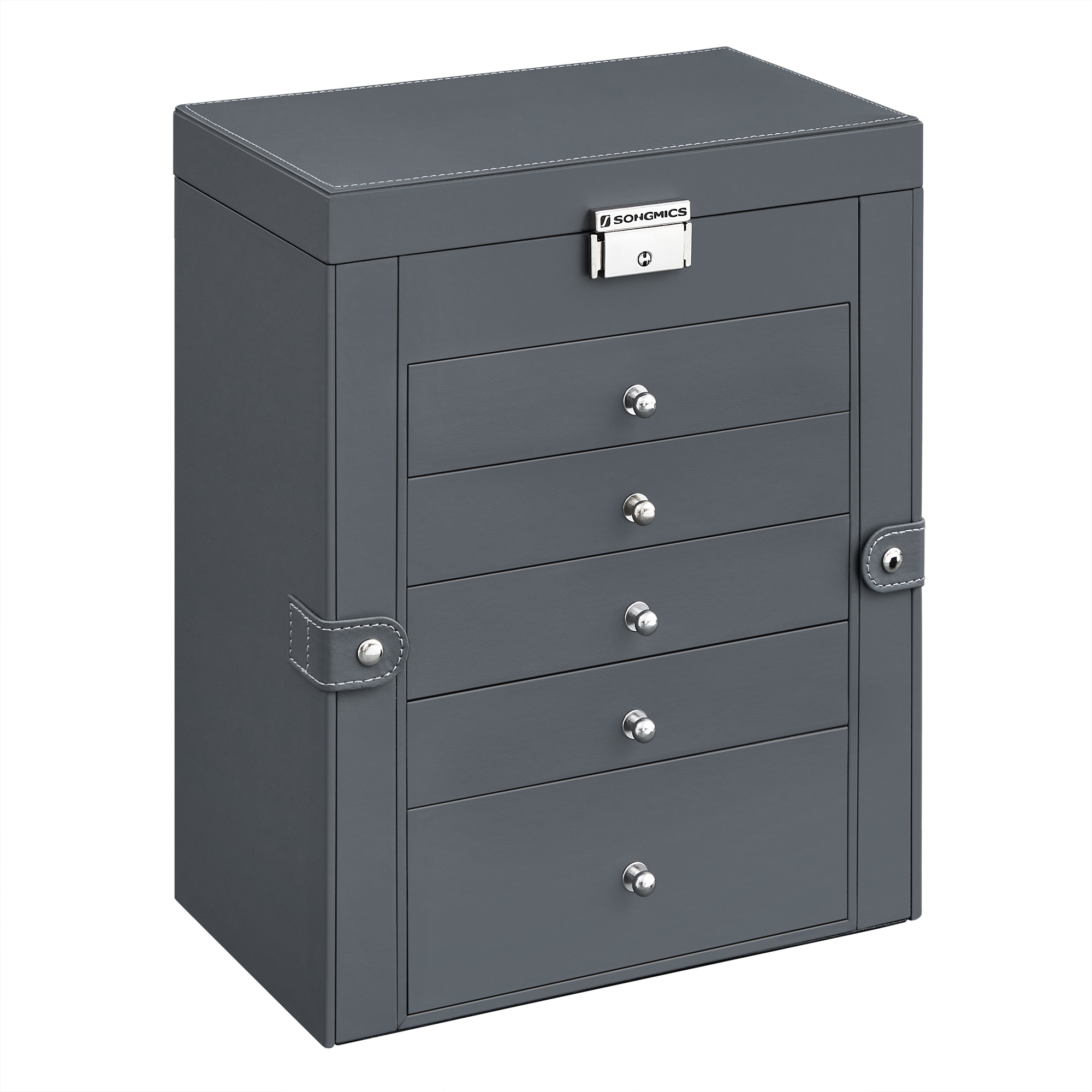 SONGMICS Caja Joyero de 6 Niveles, Caja para Joyas con 5 Cajones, Gran Espacio, Interior con Espejo, Cerradura, Almacenaje de Joyas, Regalo para Seres Queridos, para Relojes, Negro/Blanco/Gris, Regalo de Navidad