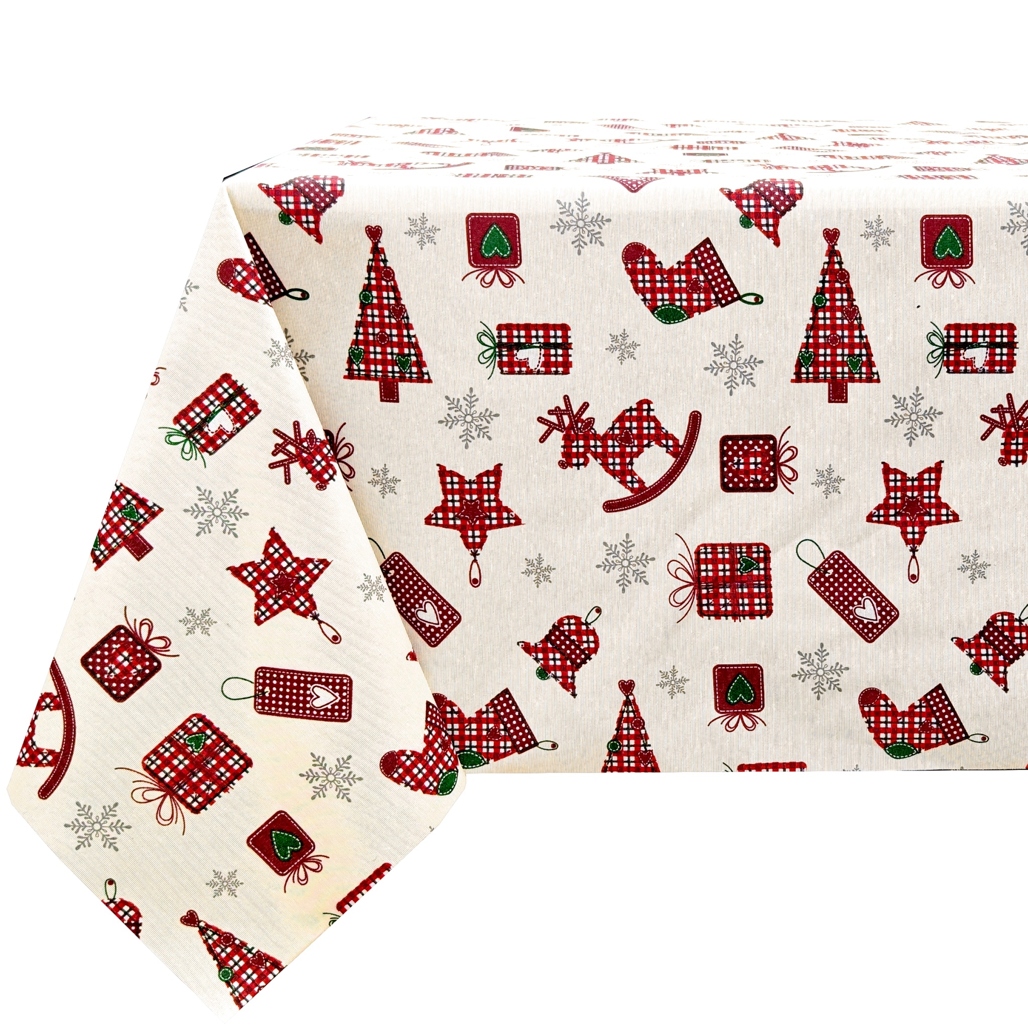 Mantel de Navidad de Tela Resinada Antimanchas e Impermeable, Diseño de Cuadros Clásicos con Árboles, Regalos y Copos de Nieve, Fondo Beige Efecto Lino, para Cocina, Comedor y Decoración Navideña