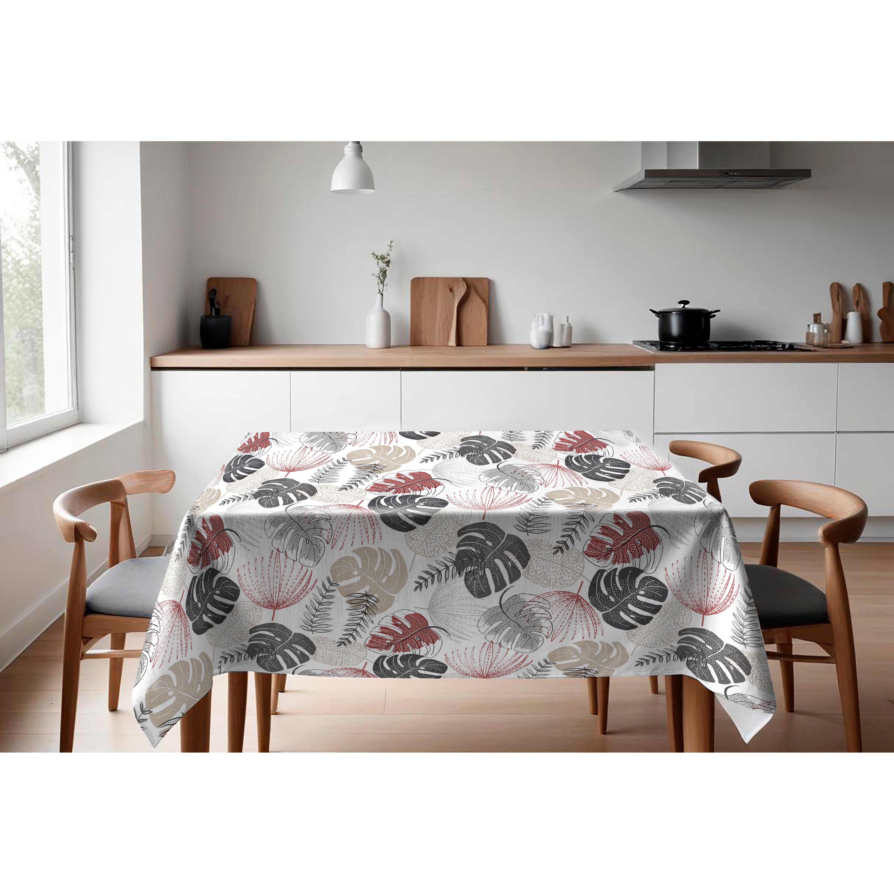 HuleHule Tex  - Mantel Estampado Impermeable Diseño Innovador Resistente a Manchas PVC Estampado de Hojas en Tonos Grises y Granate con Fondo Blanco - Palma Marsala