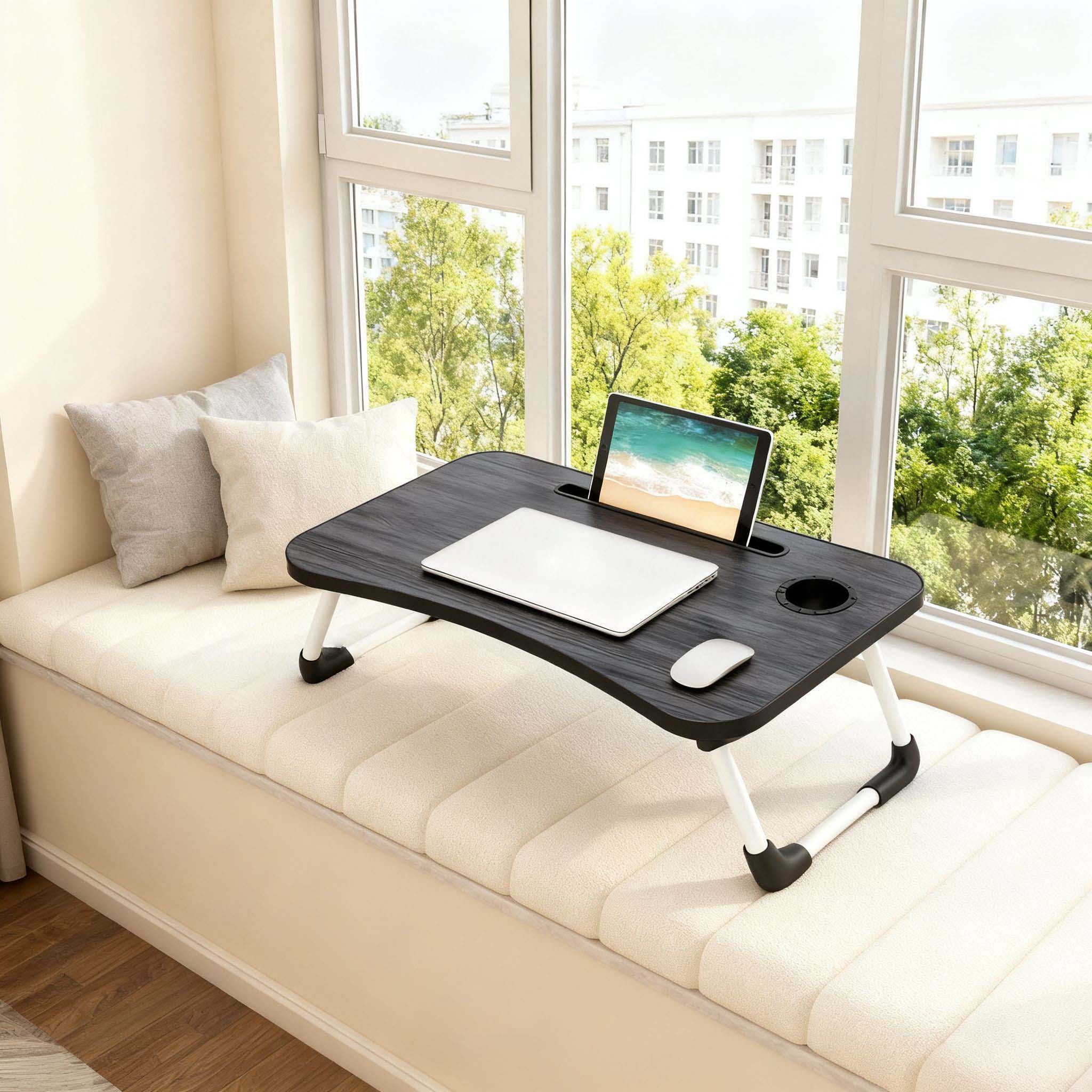 Mesa Plegable Portátil Multifuncional de una Pieza para Cama, Mesa Ligera y Resistente para Ordenador Portátil con Ranuras para Vasos y Tabletas, Pies Antideslizantes para Dormitorios y Sofás de Oficina, Muebles de Salón, Bandeja Plegable para Cama