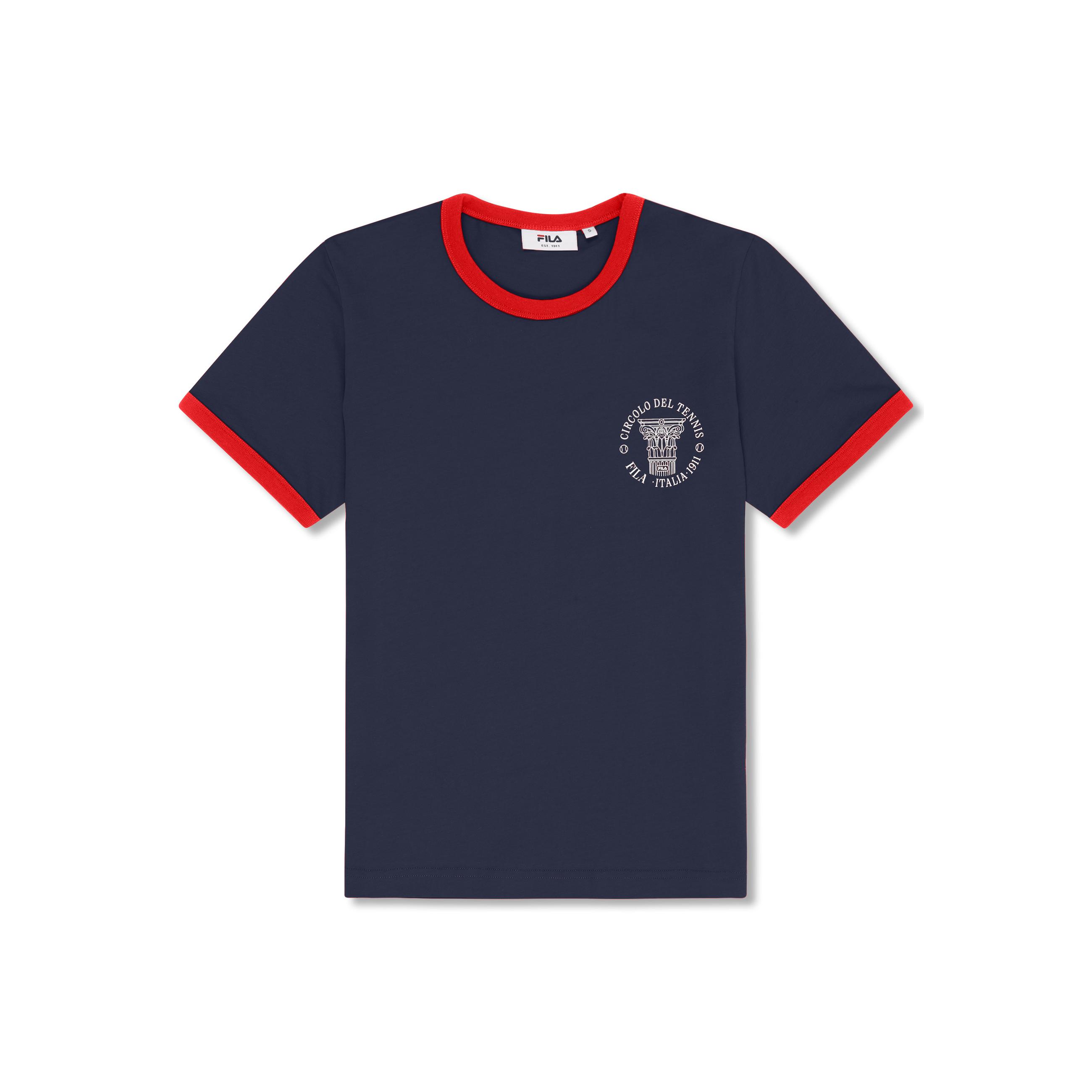 FILA | Camisetas Cuello Redondo Mujer, Marlia Regular Graphic Ringer T-Shirt, 100% Algodón Orgánico, Manga Corta, Corte Regular, Estampado en Pecho y Logo Bordado, Blanco Roto, Rojo y Azul Oscuro