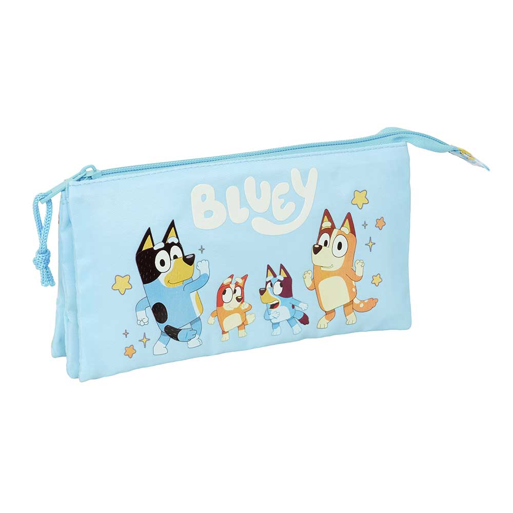 SAFTA | Estuche Portatodo Triple Bluey ?Ready? para Niños y Niñas, Licencia Oficial, 3 Compartimentos con Cremallera y Bolsillo Interior Central, Talla Única, Ideal para Colegio y Vuelta al Cole