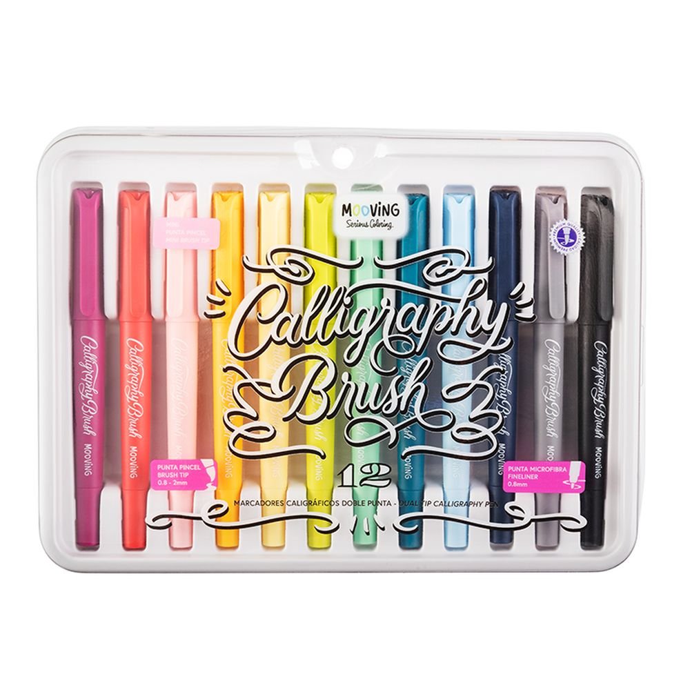 MOOVING SET 12 ROTULADORES PUNTA PINCEL CALIGRAFIA /LETTERING COLORING 16x2x23 Cms.
