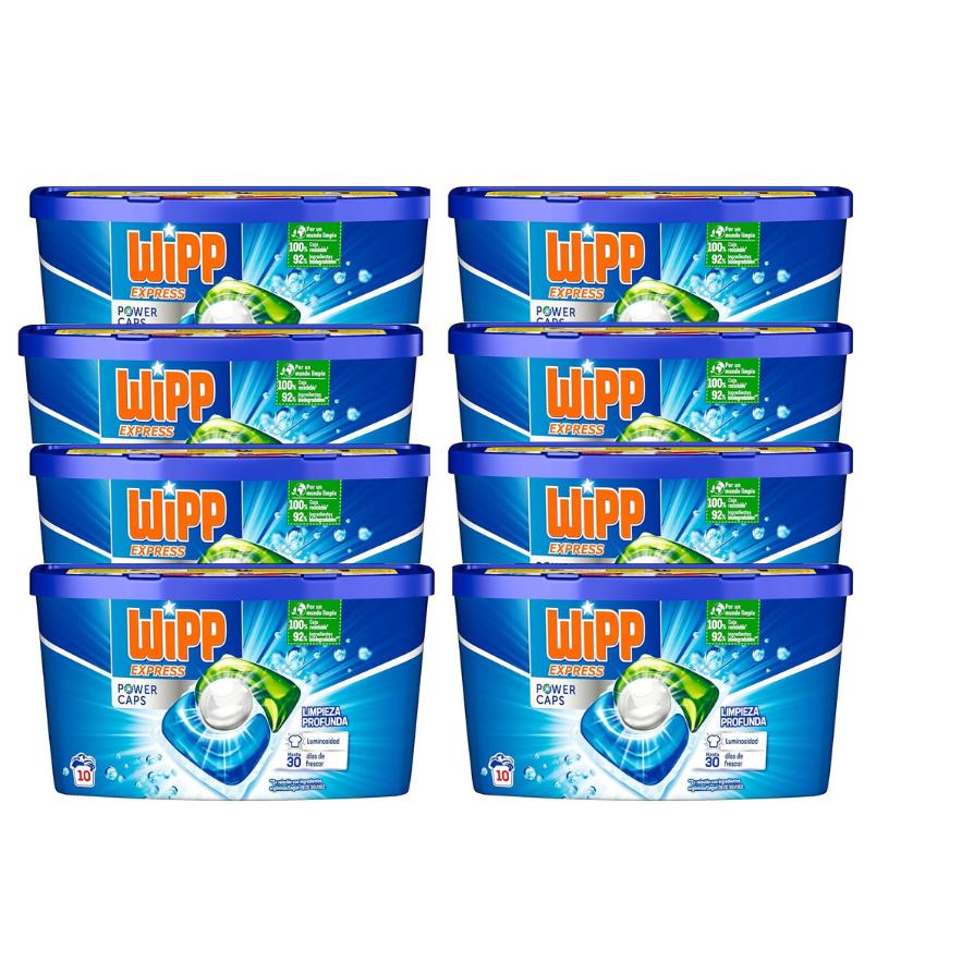 Wipp Express Power Caps 8x10 Detergente en Cápsulas para Lavadora, 80 Dosis, Limpieza Profunda, Eficaz en Agua Fría