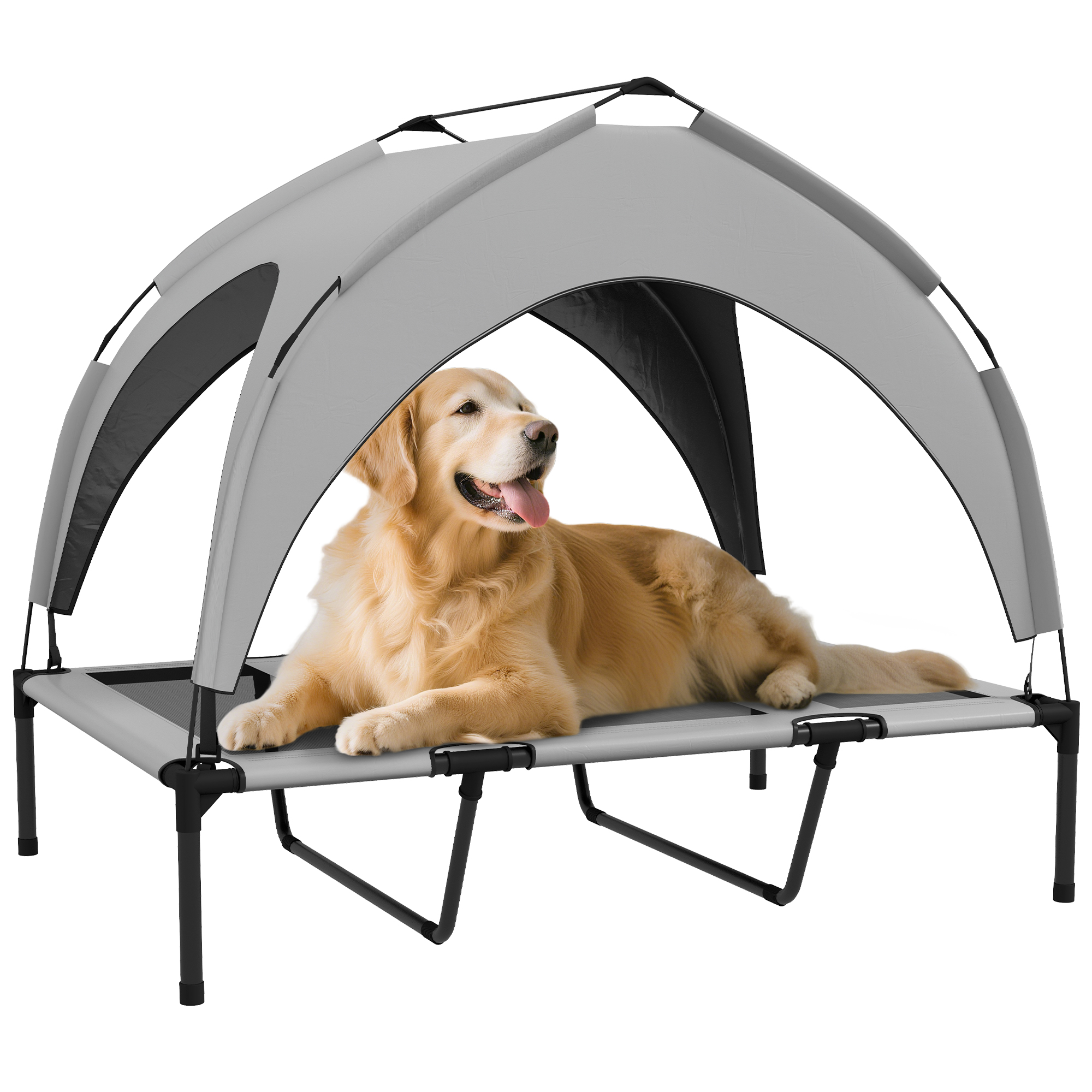 PawHut Cama para Perros Elevada con Toldo, Cama para Perros Grandes, Refrescante y Transpirable, 106x76x94 cm, con Marco de Acero y Bolsa de Transporte, para Interior y Exterior, Café