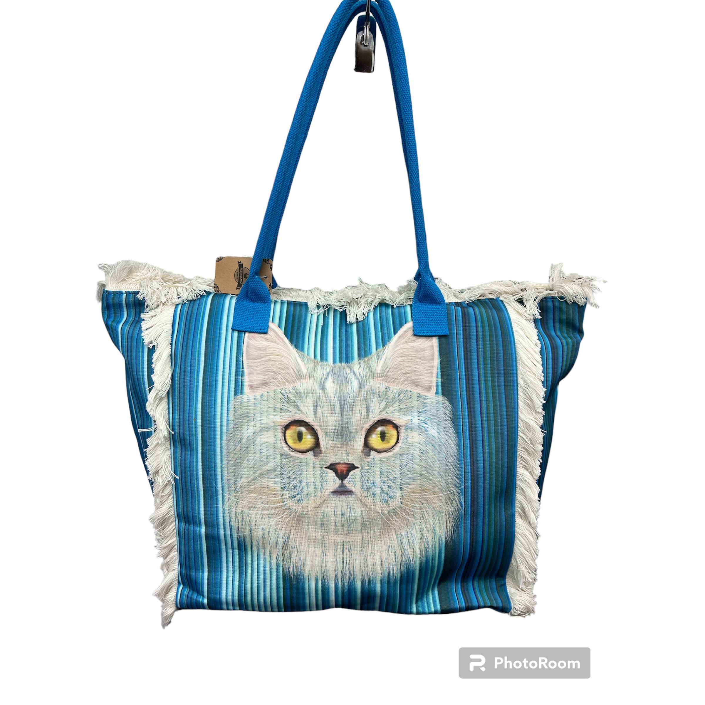 MEJORADA Bolso de playa o piscina grande con estampados de animales mascotas{GATOS Y PERROS} con fleco de borla blanco de algodon,tamaño 55*37*19CM.contiene bolsillos interior y forros.tejido 100% poliéster