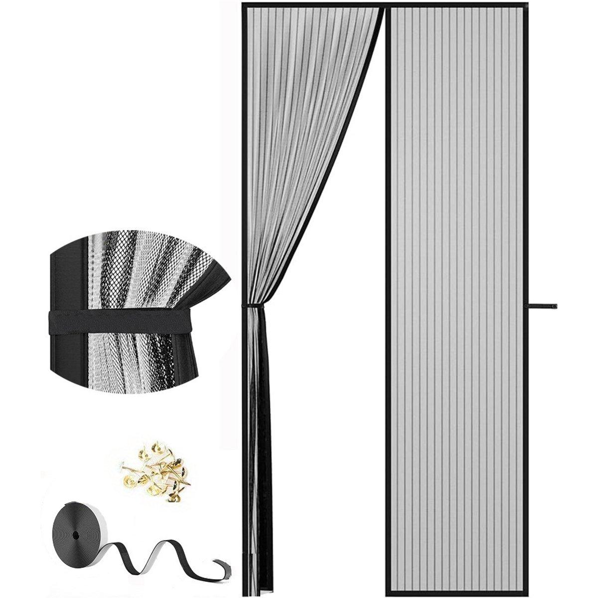 Om Home Mosquitera magnética para puerta - cortina para puerta - mosquitera - mosquitera de alta eficacia - con potentes imanes, tira de velcro en todo el marco y un paquete de clavos amarillos - negro - 100 x 210 cm