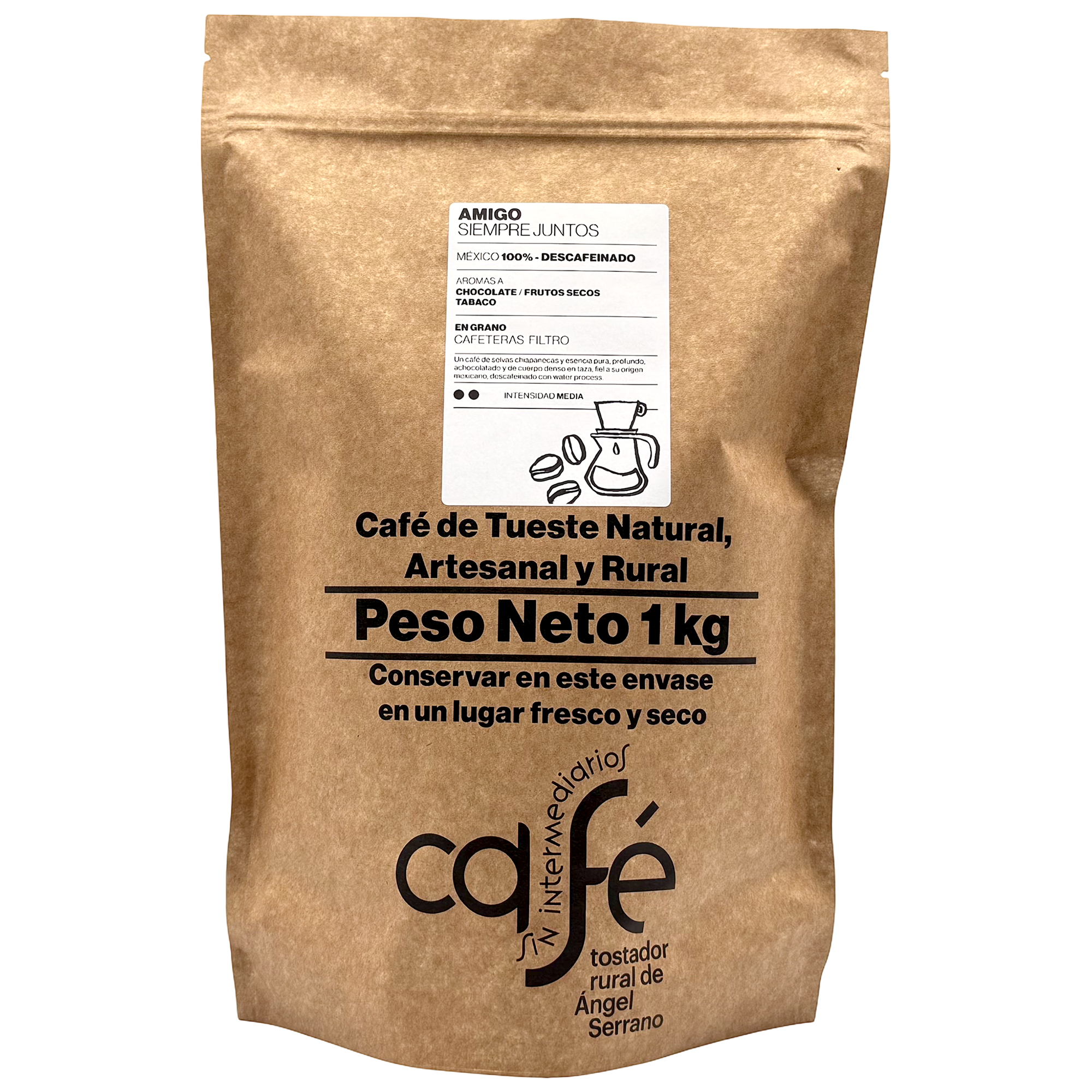 CAFÉ SIN INTERMEDIARIOS - 100% México - Amigo - DESCAFEINADO - Intensidad de sabor Media - Recién tostado y envasado - 1 Kg Grano o Molido (Exprés, Filtro, Italiana, Americana, Superautomática)