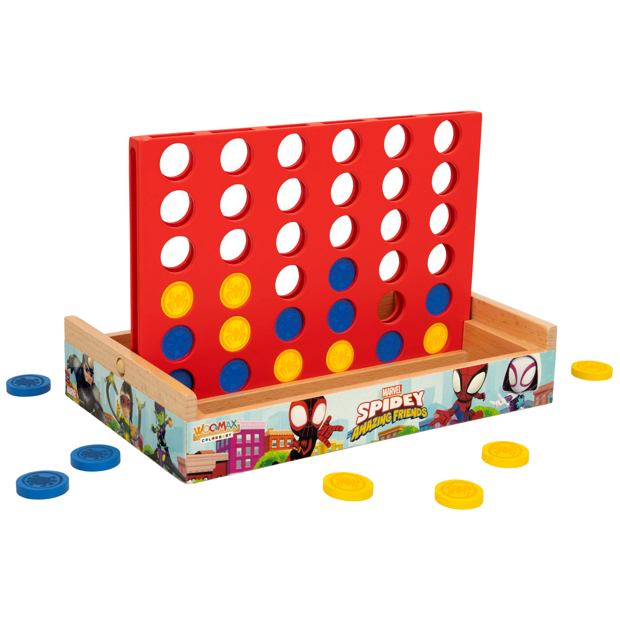 WOOMAX Spidey y su superequipo - Juego 4 en raya para niños, de mesa para niños, juguetes educativos de madera, regalos para niños, 37 piezas, para mayores de 3 años