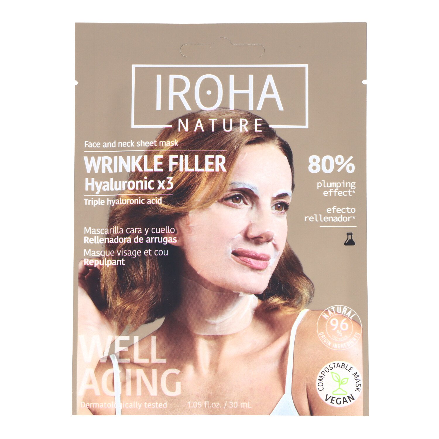 Iroha Nature Mascarilla Facial y Cuello Rellenadora Antiedad Triple Ácido Hialurónico 1ud