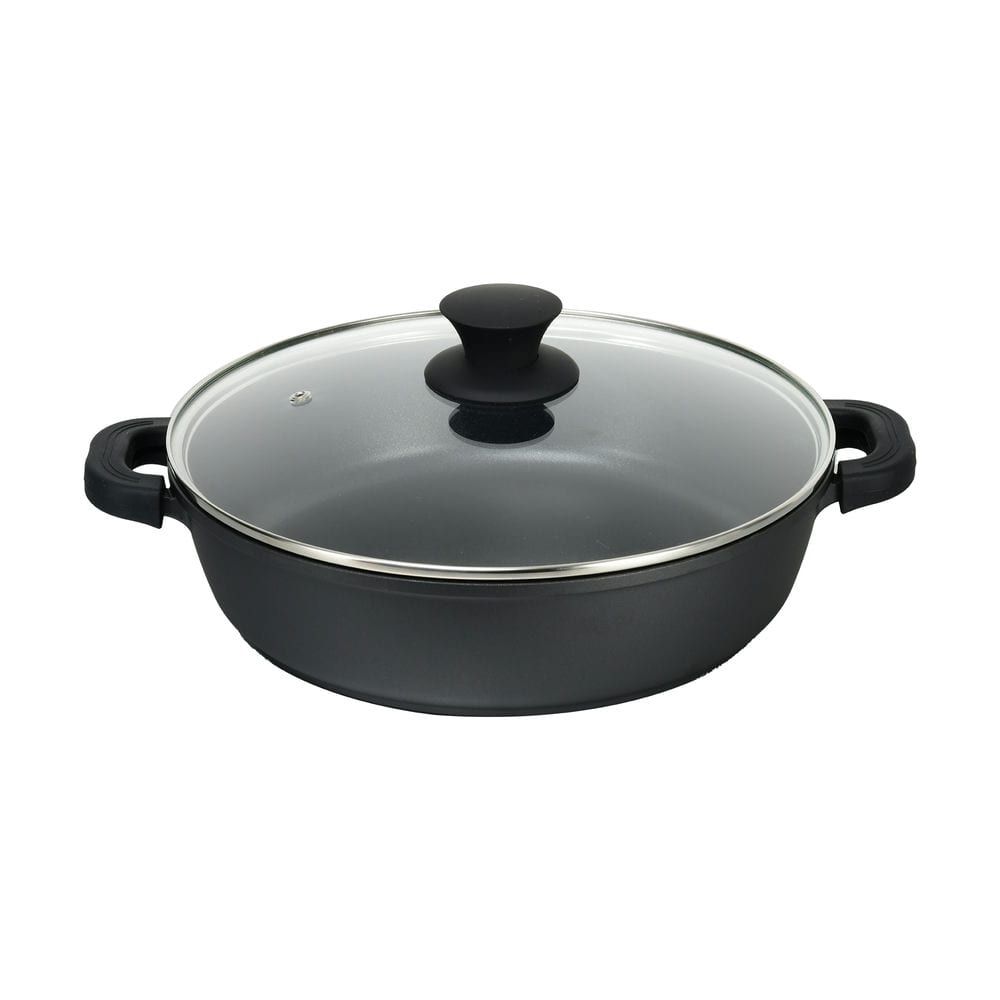 Cacerola Aluminio fundido black baja xylan - Asas con protector de silicona - Tapa de cristal - Adecuada para vitrocerámica, gas, eléctrica, inducción - Rápida y fácil de limpiar, adecuada para lavavajillas - Apta para cocinar en el horno, hasta 250ºC.