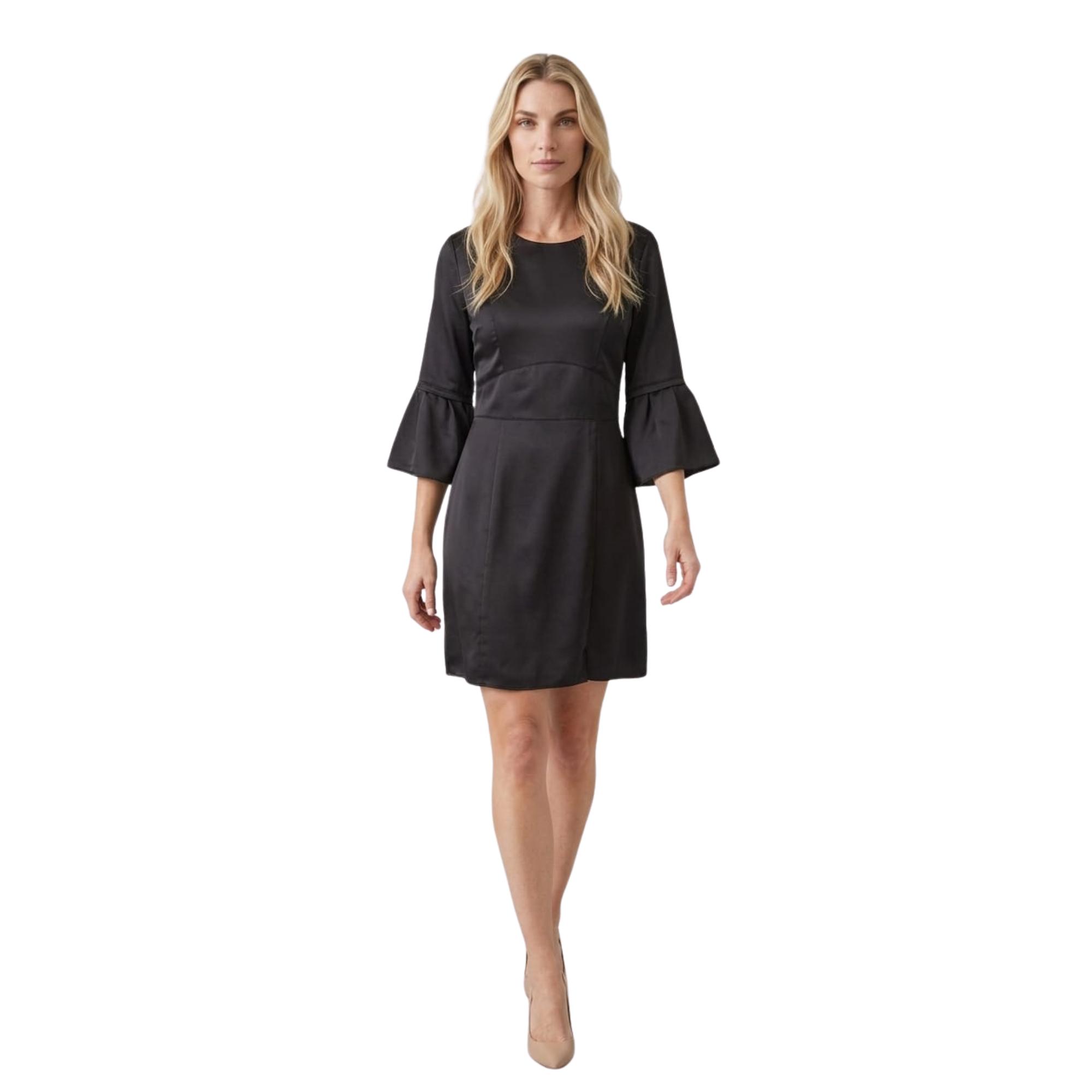 Vestido Marca ANANY satinado para mujer con mangas tres cuartos afaroladas, cuello redondo y cierre cremallera - 70% poliéster y 30% elastano, ideal para bodas, comuniones y eventos elegantes- AN-190177