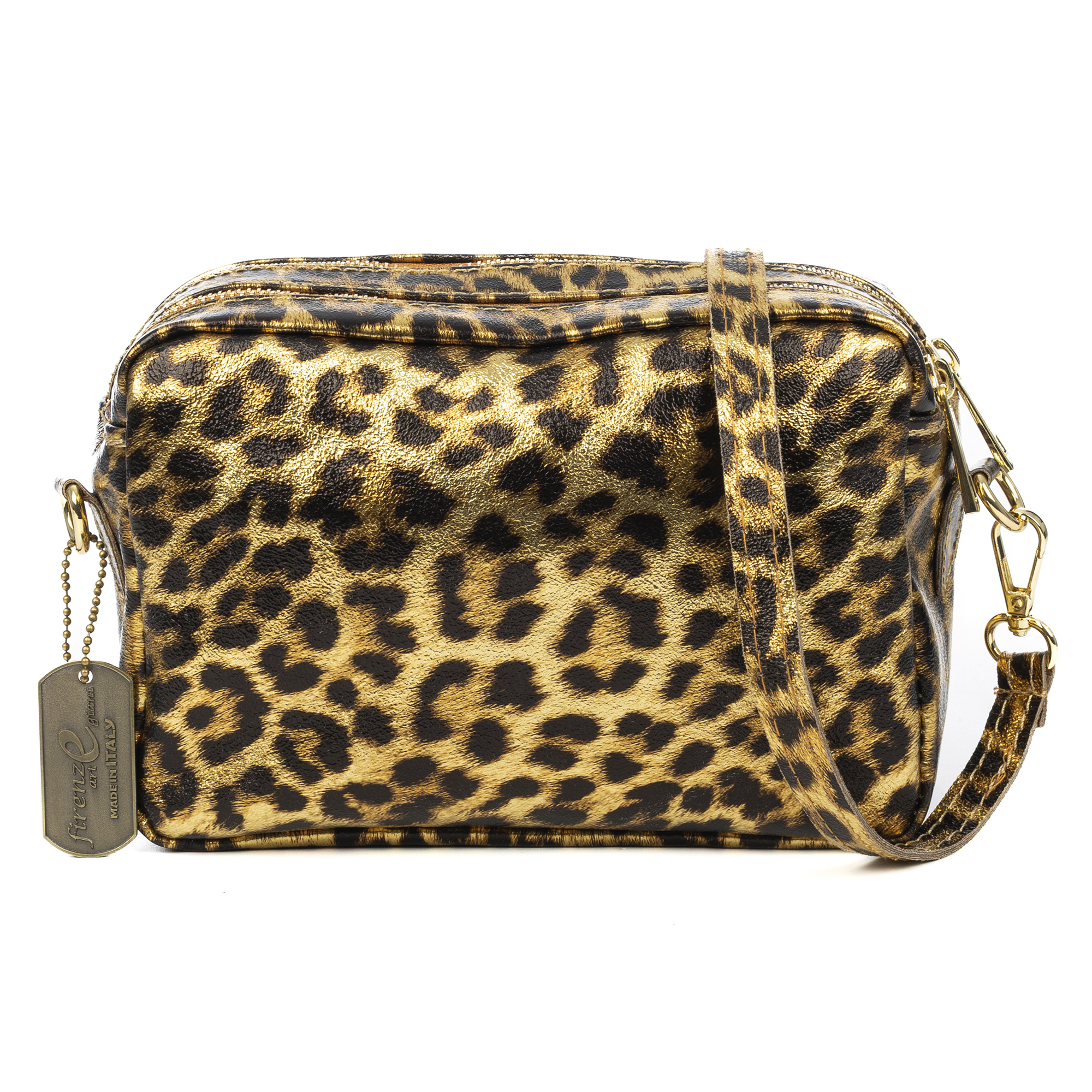 FIRENZE ARTEGIANI Degna bolso bandolera mujer. Piel auténtica Gamuza con estampado de animal print leopardo y lacada brillante. Fabricado en Italia 24x9,5x15 Cm. Color: Leopardo