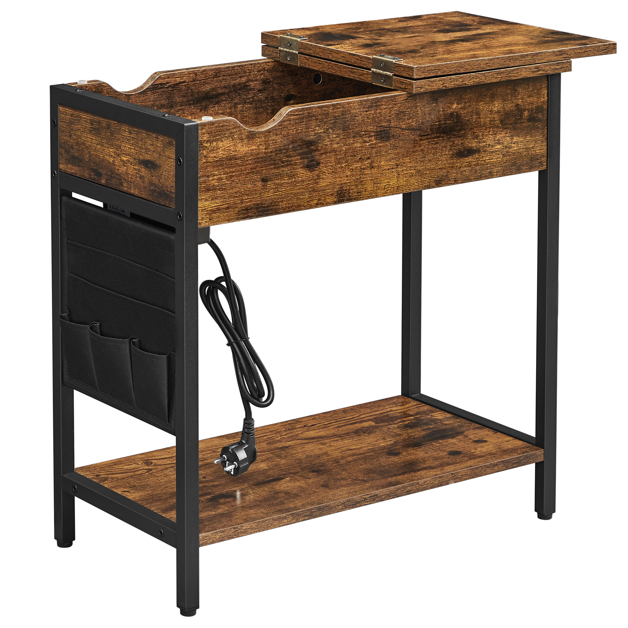 VASAGLE Mesa Auxiliar con Multienchufe, Mesa Lateral Estrecha con Puertos USB, Sacos, Mesita de Noche, para SalÓn, Dormitorio, MarrÓn RÚstico y Negro
