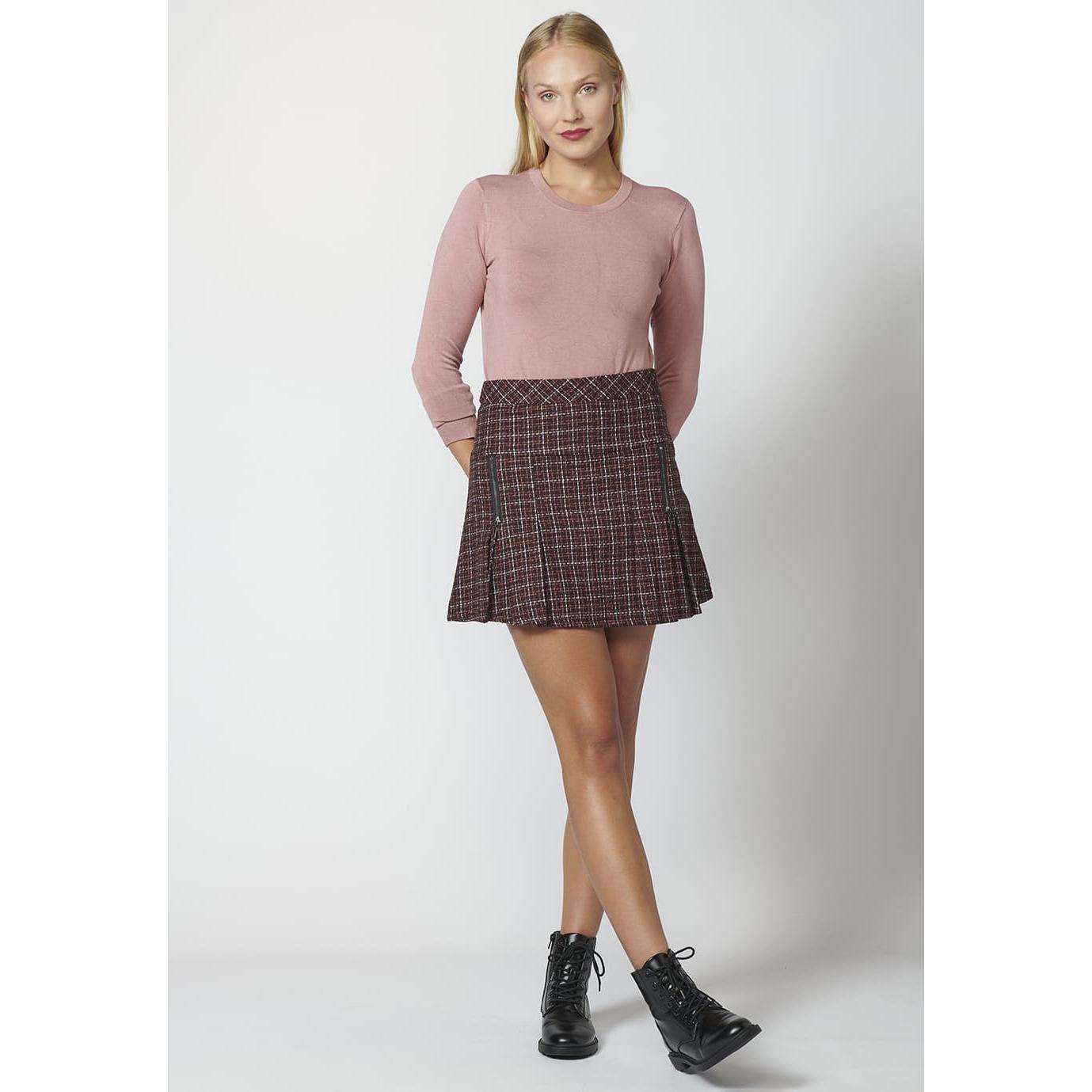 Koroshi - Falda cuadro escocés con volante para mujer, granate, de poliéster y elastano, por encima de la rodilla, estilo urbano otoñal