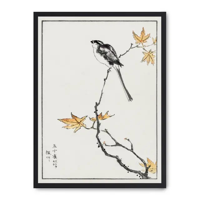 Lámina con marco negro BIRD ON BRANCH 21x30 cm, Póster impreso en papel de primera calidad de 180gr, montado sobre marco de madera MDF acabado en negro., Arte - Japonés