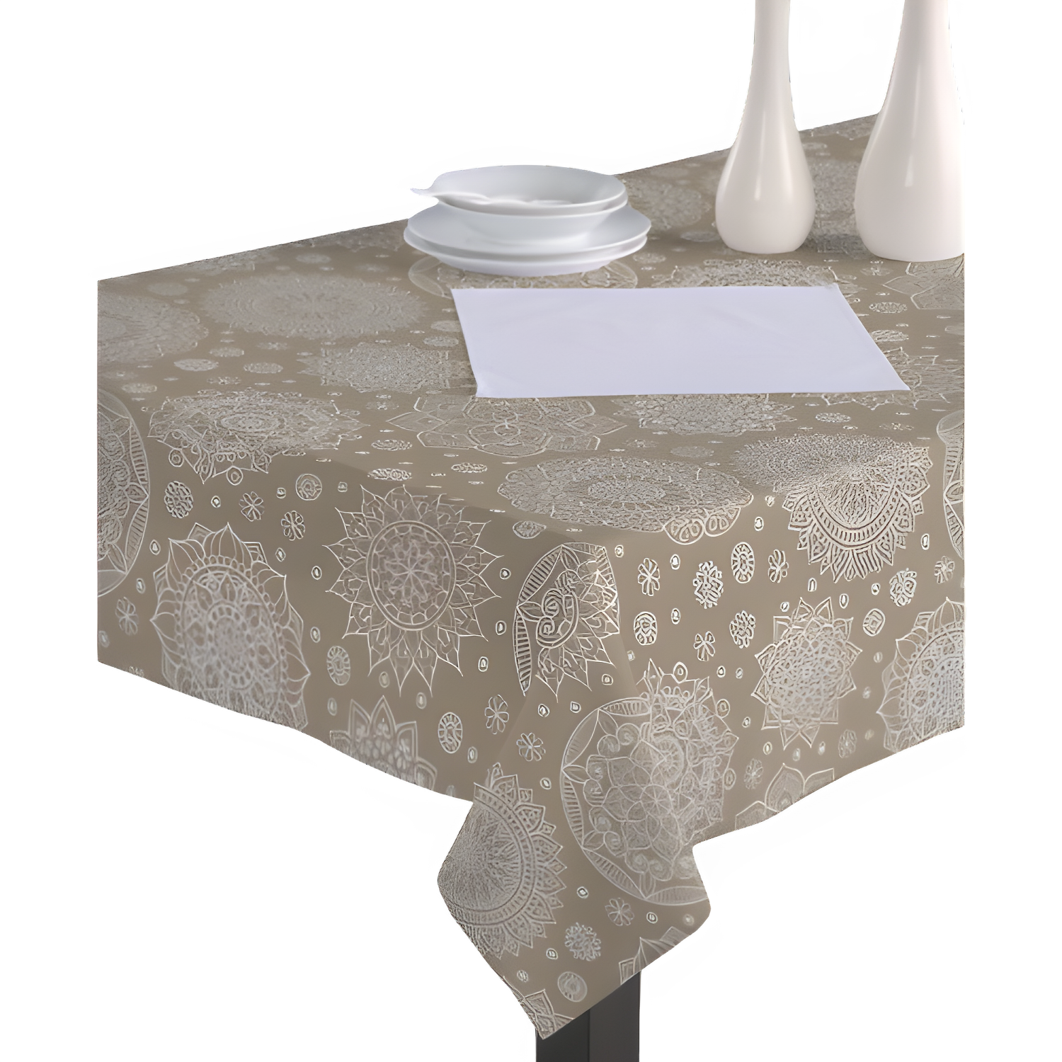 Mantel Hulehule Tex - Estampado Mandalas Beige Tela Resinada Anti manchas Impermeable - Tamaños Variados