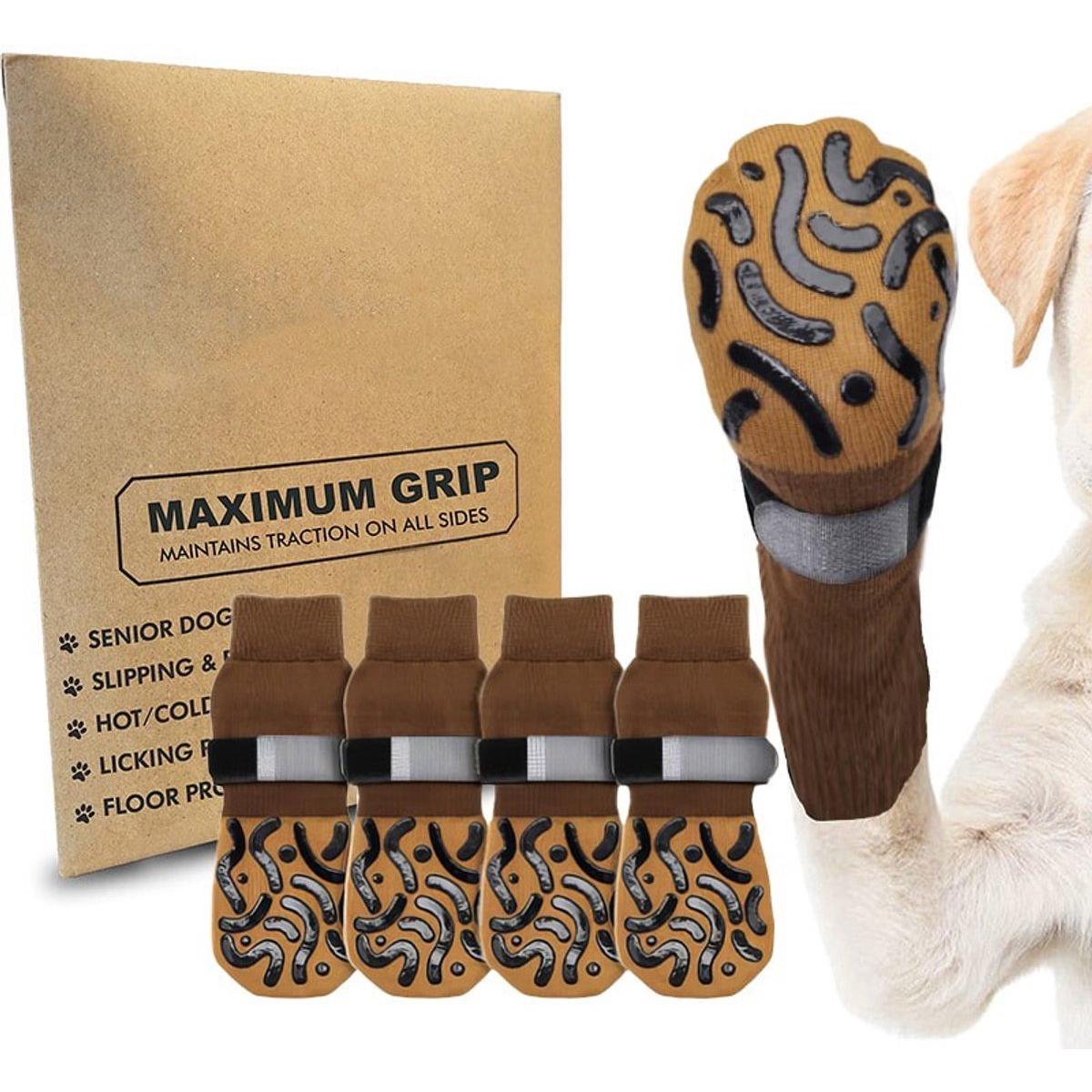 Antislip hondensokken, 2 paar hondensokken, verstelbaar, pootbeschermers met dubbelzijdig, sokken voor kleine honden, middelgrote honden,Koffie kleur,XS 4.8*12cm