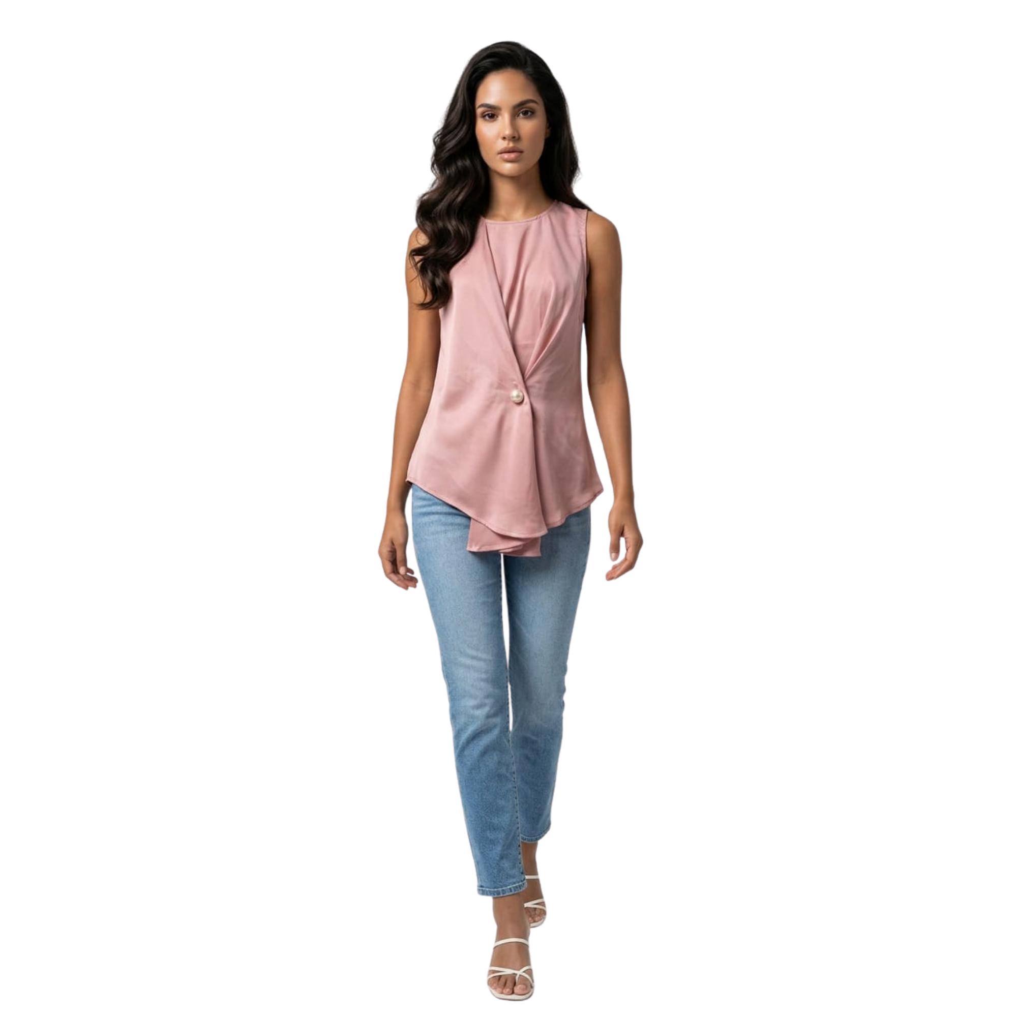 Blanca satinada sin mangas para mujer, tejido fluido y luminoso de poliéster 100 %, cuello redondo atemporal y detalle decorativo con perla, versátil para combinar con pantalones, jeans o faldas- REF: LA-230090