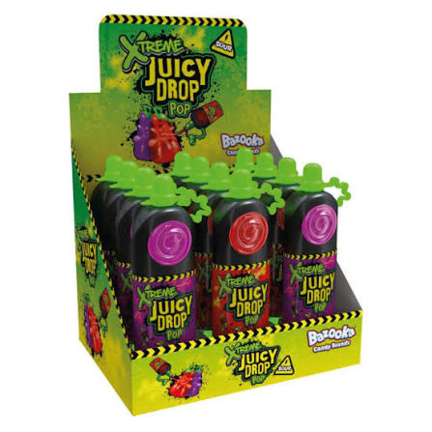 Xtreme Juicy Drop - Piruleta con caramelo líquido ácido 'Pop Bazooka' 26 g, caja de 12 unidades, golosina explosiva para adolescentes y adultos