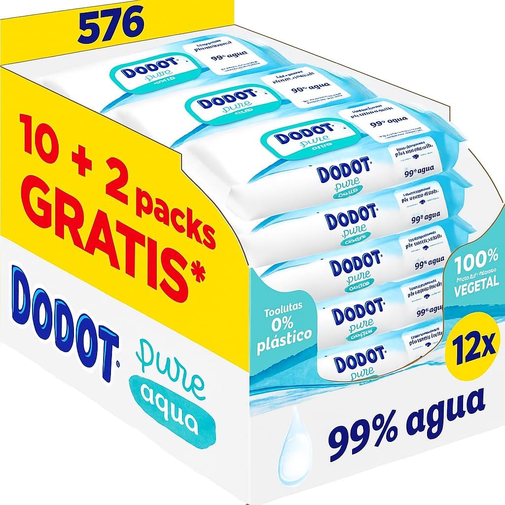 Dodot Toallitas Pure Aqua para Bebé, 576 Toallitas (12 Paquetes x 48), 99% Agua, 0% Plástico, Limpieza Suave y Delicada