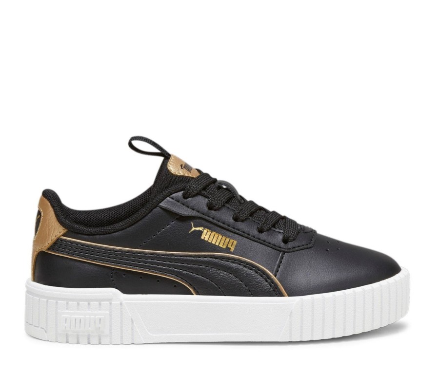 Zapatillas Puma Carina 2.0 Pop Up Mtllcs en negro y oro cierre de cordones con plataforma sneakers Puma trending en moda casual