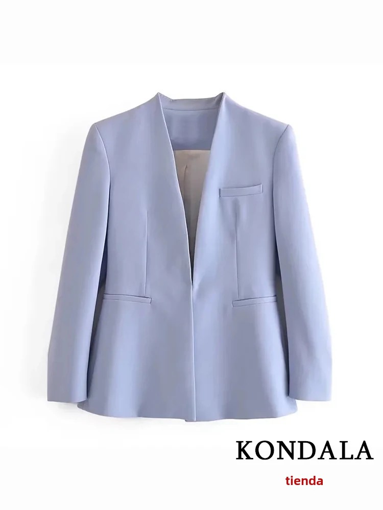 TK KONDALA Traje Azul Claro Para Oficina Con Blazer Y Pantalones Altos Cinturón V-Neck Mujer Otoño 2023 Moda Conjunto De 2 Piezas