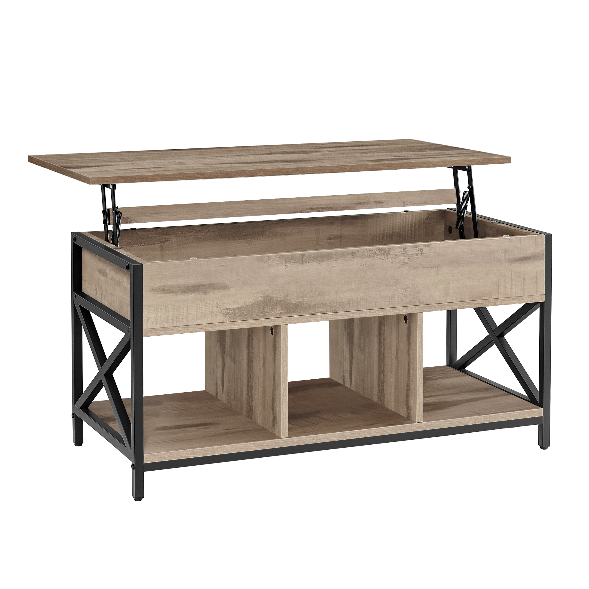 VASAGLE Mesa de Centro con Tablero Elevable, Mesa de Café, Compartimento Oculto y Compartimentos Abiertos, Marco de Acero, 50 x 100 x (46,5-62) cm, Marrón Rústico y Negro/Marrón Camello y Negro
