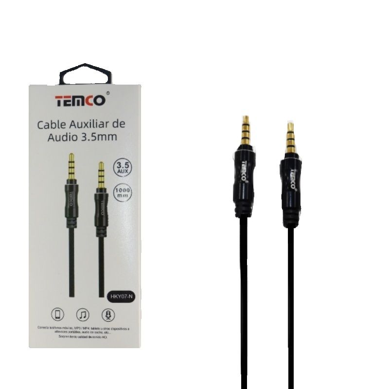 TEMCO Cable AUX de Mini Jack 3.5mm, 4 Polos, 1.5m, Cable Auxiliar de Casco con Microfono, Cable con Cubierta Reforzada, Conector Acabado en Brillo, Cable de Audio para Altavoz, Coche, Sonido, Conexion de Fotografia, Equipo de Musica, Instrumento Musical