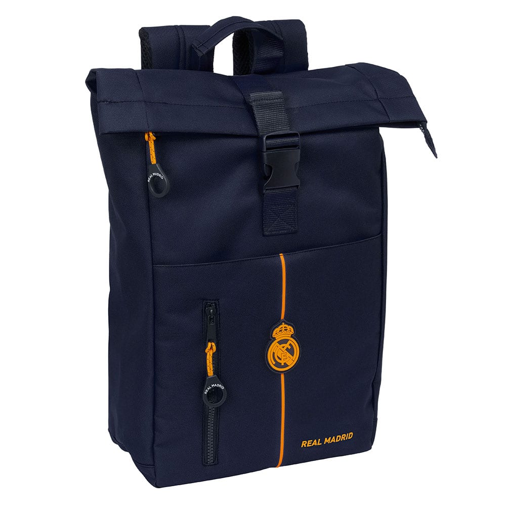 SAFTA | Mochila Escolar Real Madrid 2ª Equipación 24/25 para Portátil 15 28 x 42 x 13 Cm (15,3 Litros),6?, Cierre con Solapa y Hebilla, Interior Forrado y Acolchado, Espalda Ergonómica Antisudor, Bolsillos con Cremallera