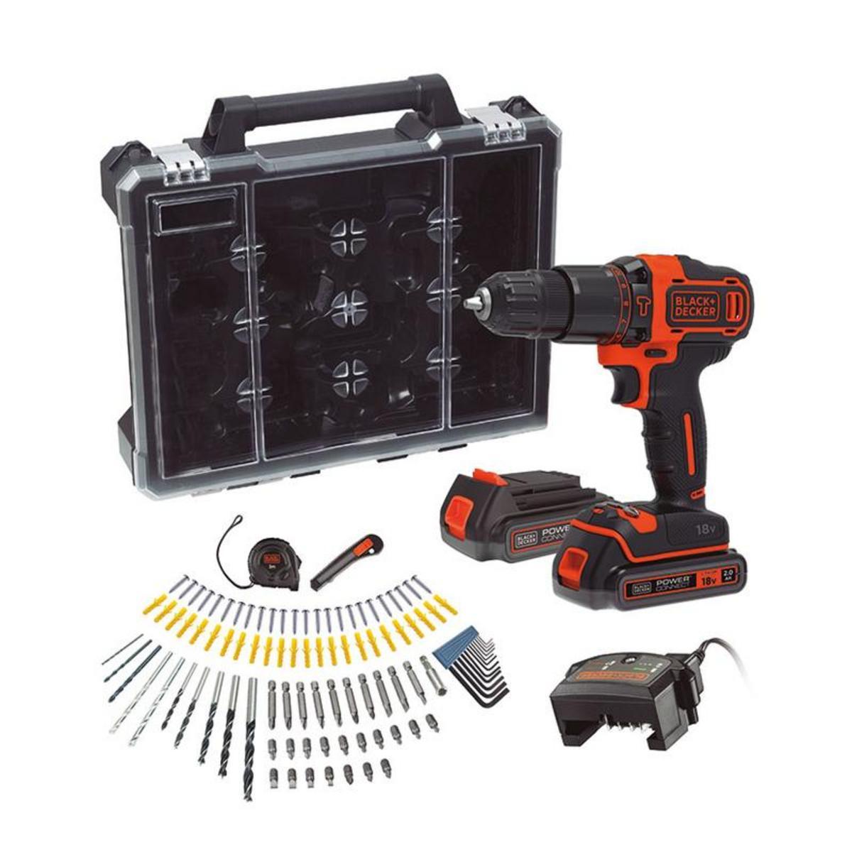 BLACK+DECKER – Taladro Percutor a Batería 18 V BDCHD18D2AB-QW 2 baterías + maletín + accesorios.