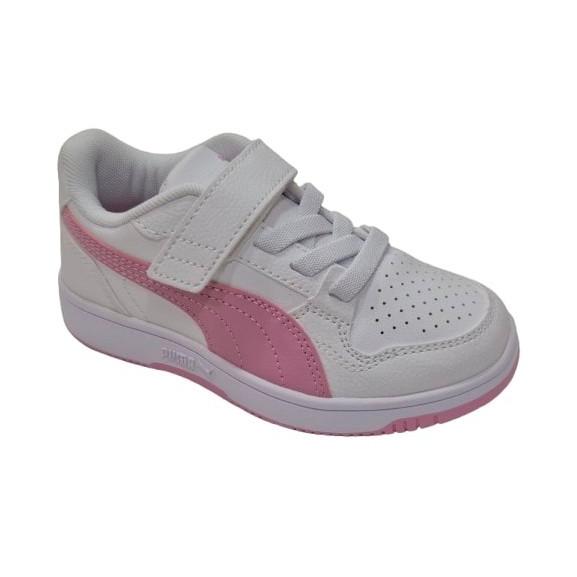 Puma - Zapatillas para niñas con velcro y elásticos modelo 398995, diseño blanco y rosa, cómodas y fáciles de poner, ideales para uso diario y actividades escolares