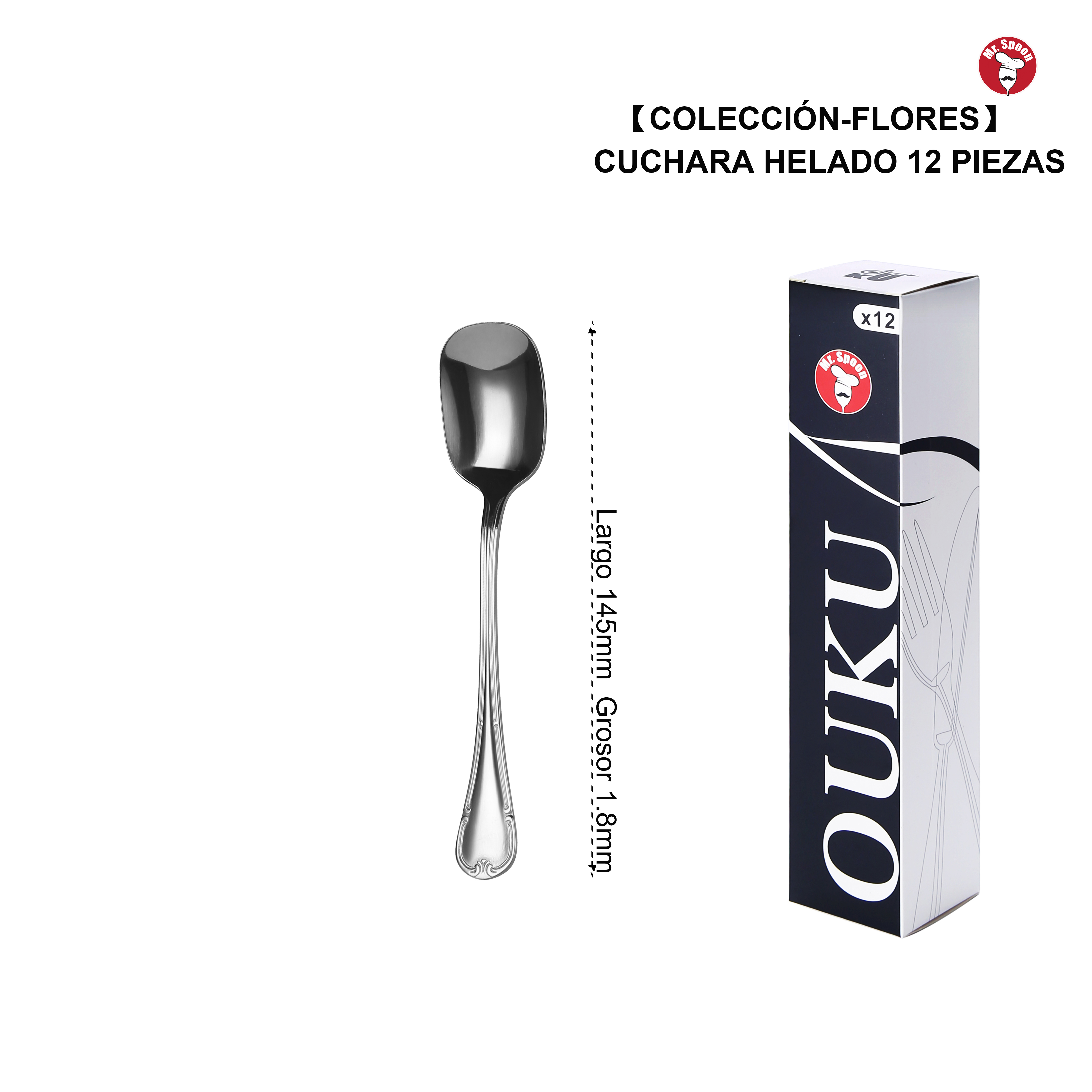 Mr.Spoon Serie Flores Cucharas de 12, 24, 48 o 120 piezas,Acero inoxidable 18/0,Plateado,Económico y funcional,Cuchara de helado largo 145mm,Cuchara de batir 207mm,Mango monobloque,Apto para lavavajillas,Empaque ecológico,Ideal para casa,hotel,restaurante