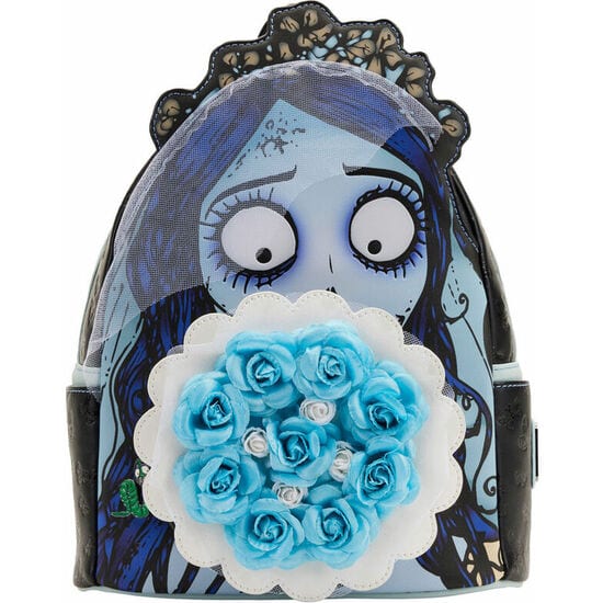 Mochilas La Novia Cadáver Corpse Bride, Piel Vegana (Poliuretano), Tirantes Ajustables, Bolsillo Frontal con Cremallera y Bolsillos Laterales, Apliques y Relieve, Forro Interior a Juego